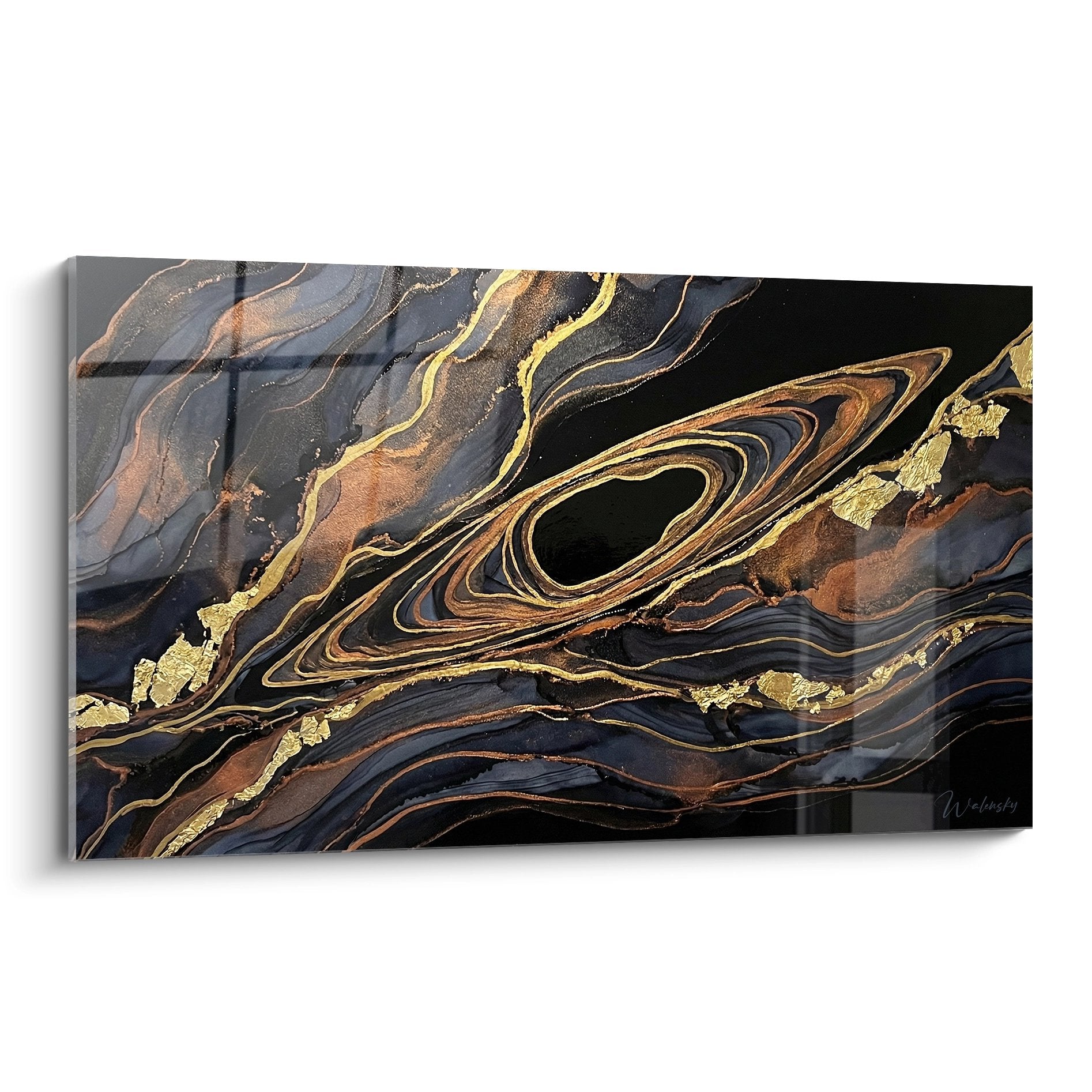 Tableau abstrait moderne aux flux dores et noirs, art mural contemporain pour decoration interieure elegante