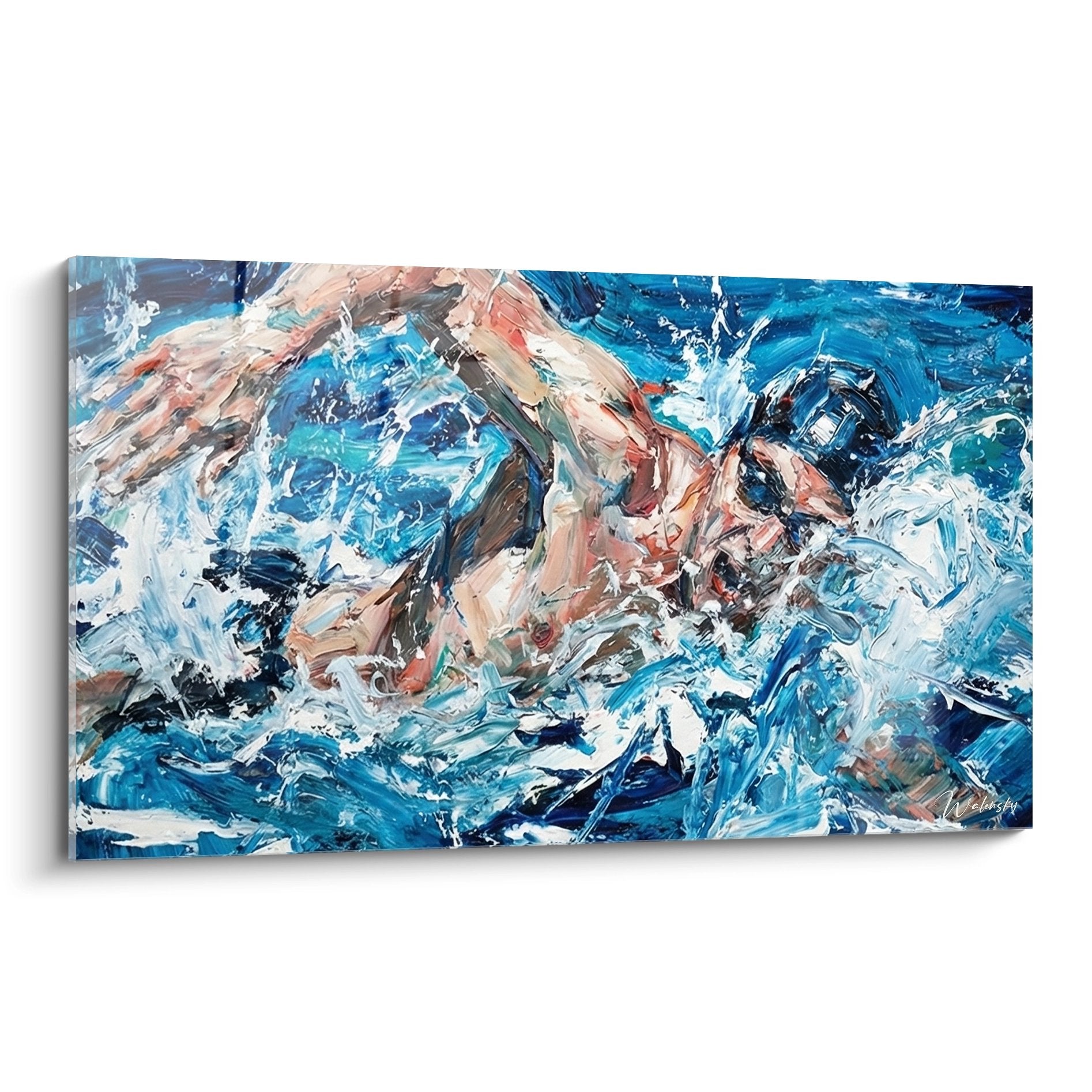 Tableau natation artistique aux tons bleus représentant un nageur dans l'eau avec technique impressionniste