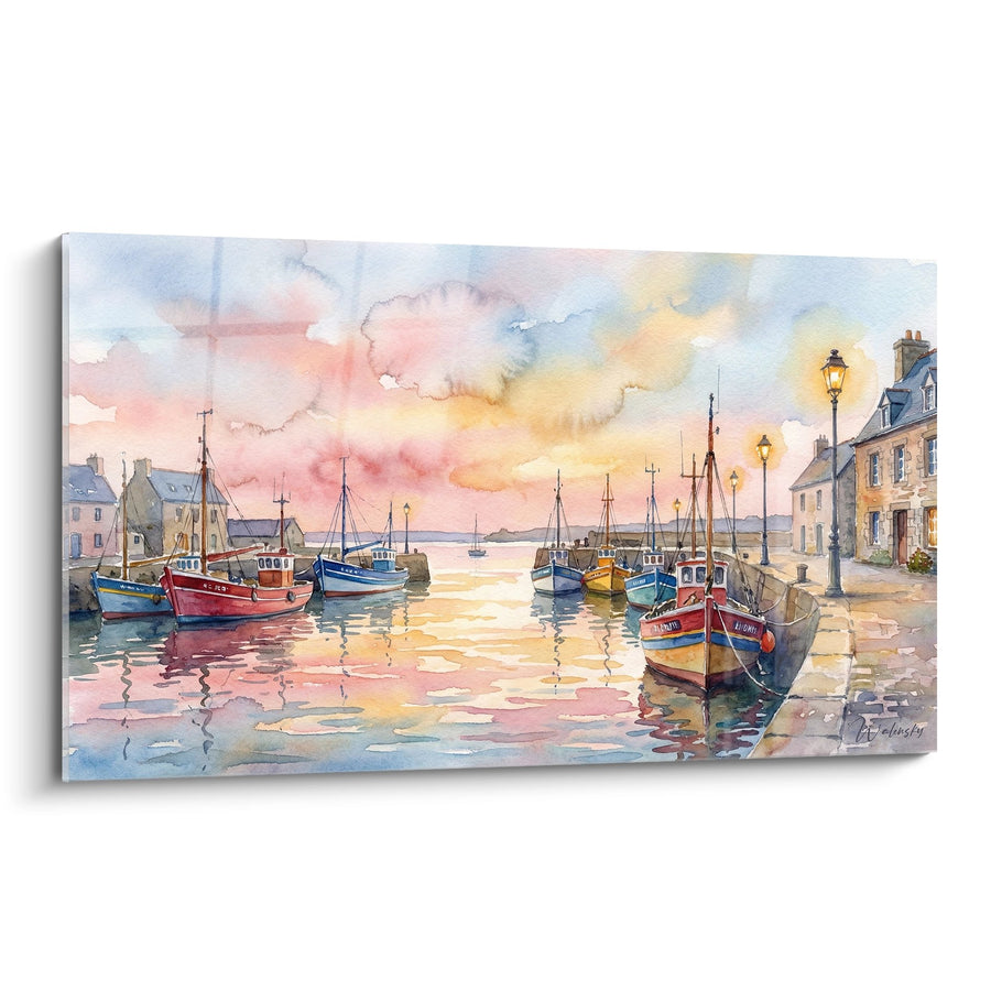 Tableau Port de Pêche Bretagne - Aquarelle au Coucher de Soleil - Edition Bretagne
