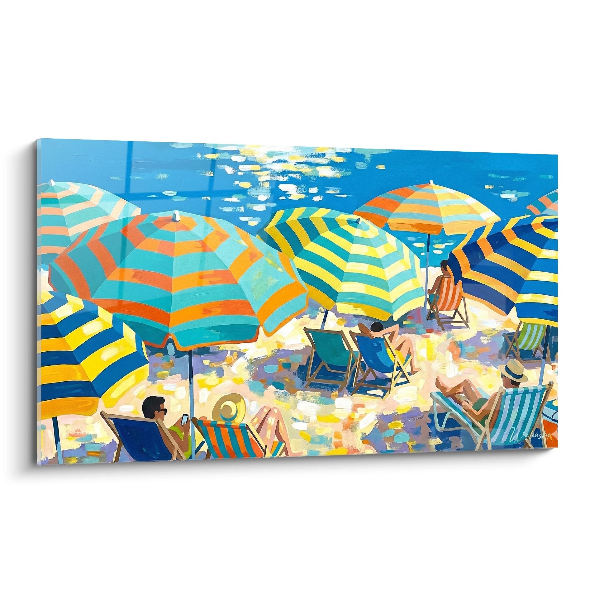 Tableau moderne plage méditerranéenne avec parasols colorés rayés et transats sur sable doré