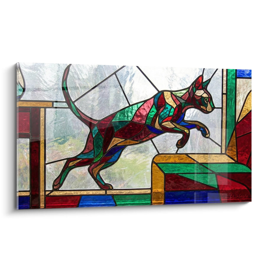 Tableau Chat Vitrail Géométrique - Félin Bondissant Multicolore - Edition chat Peterbald