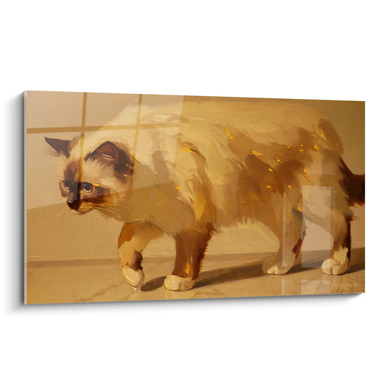 Tableau artistique chat Birman aux tons dorés sur carrelage beige, peinture féline décorative murale
