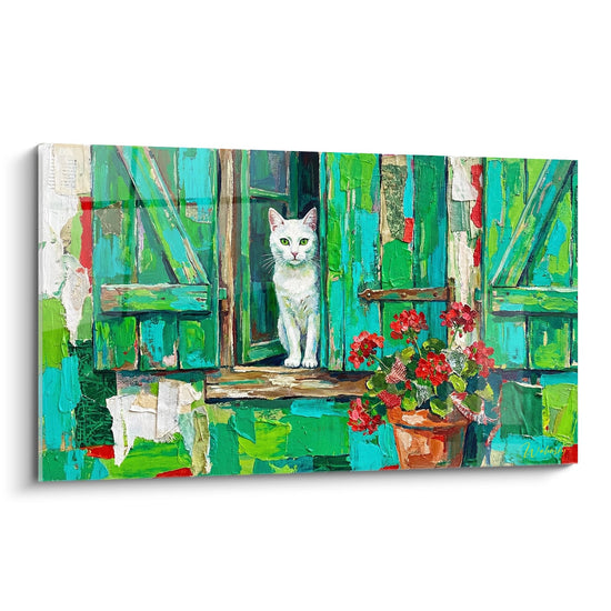 Schilderij Witte Kat met Groene Luiken - Provençaalse Charme - Editie Europese Korthaar Kat