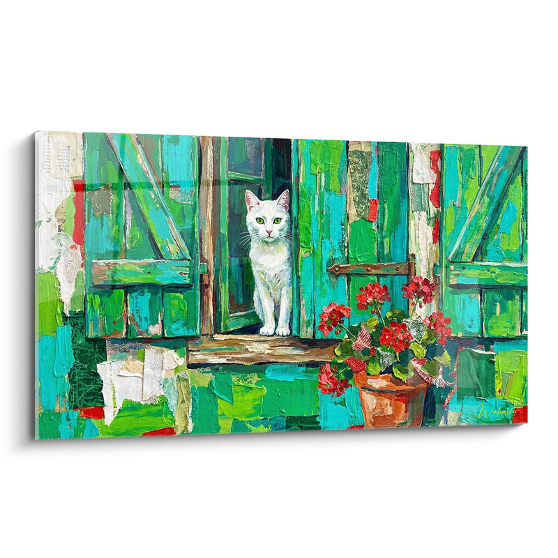 Tableau Chat Blanc aux Volets Verts - Charme Provençal - Edition chat European Shorthair