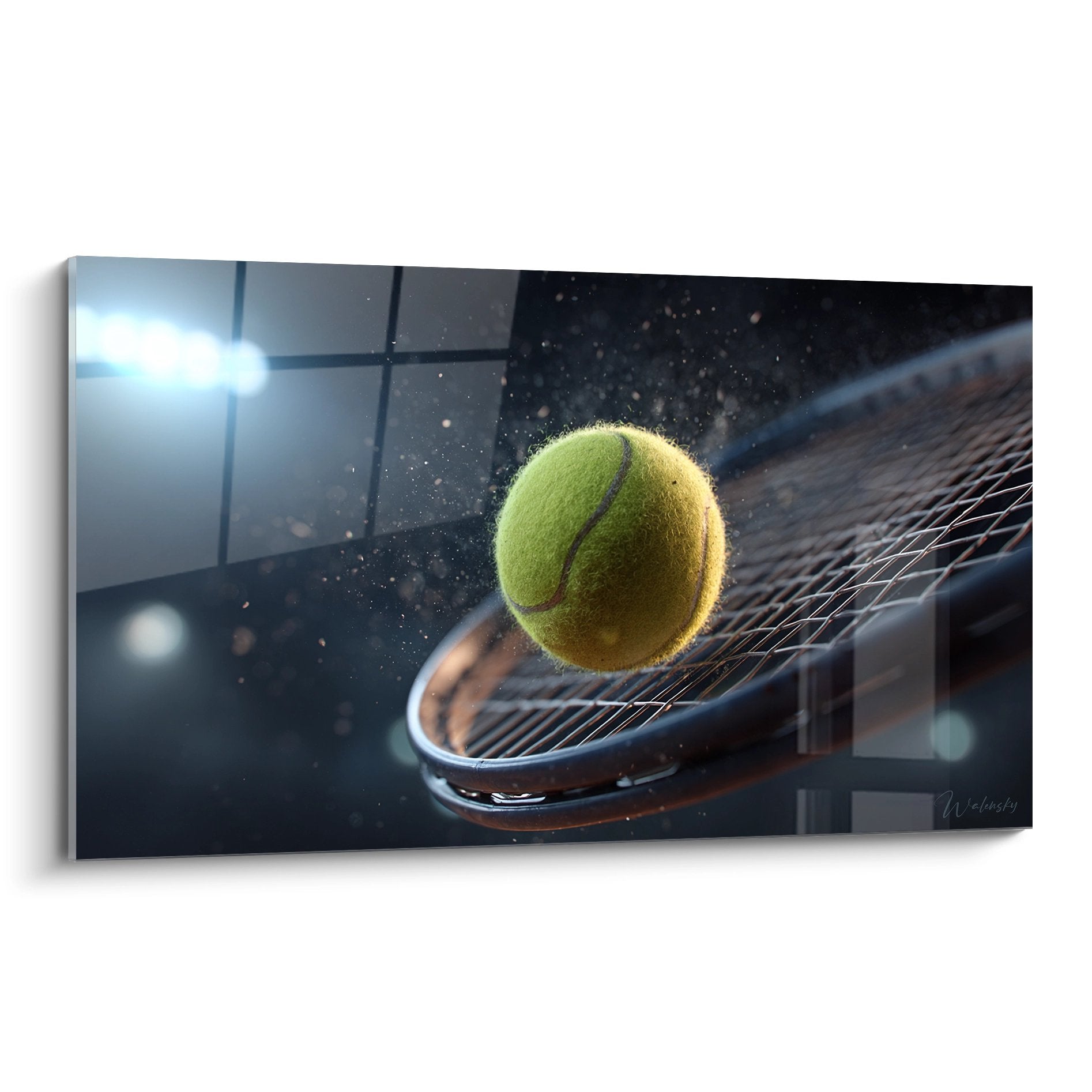 Tableau tennis moderne montrant impact balle jaune sur raquette avec particules dorees effet dynamique