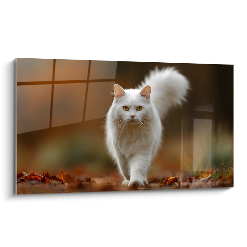 Tableau Chat Sibérien Blanc dans Paysage Automnal - Grâce Féline - Edition Chat Sibérien