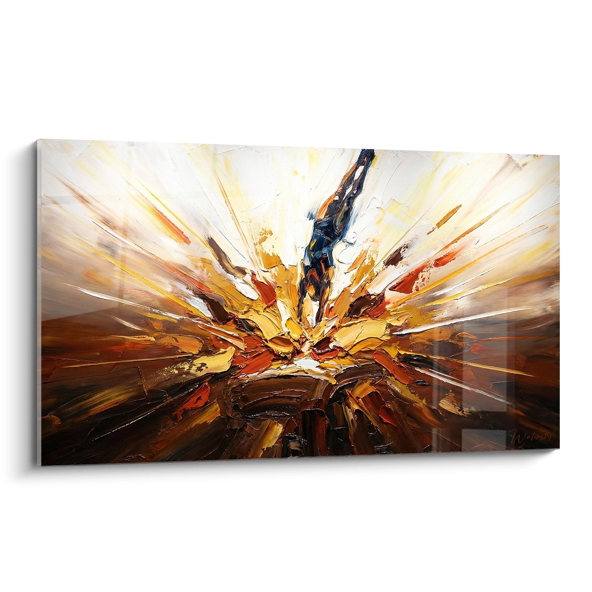 Tableau abstrait explosion artistique tons chauds oranges dorés rouges mouvement dynamique moderne