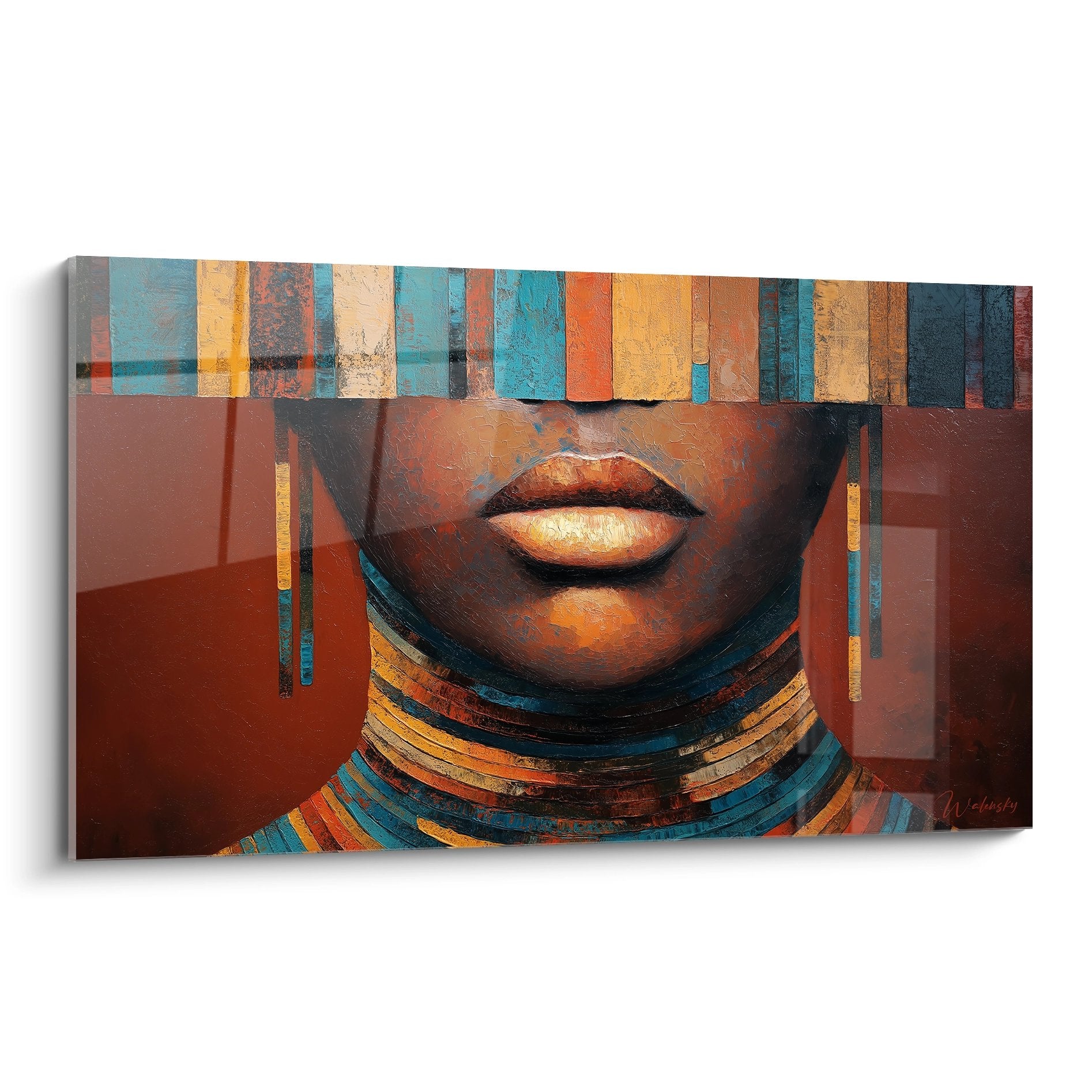 Quadro ritratto donna africana misteriosa con colori caldi ocra e turchese e collane tradizionali