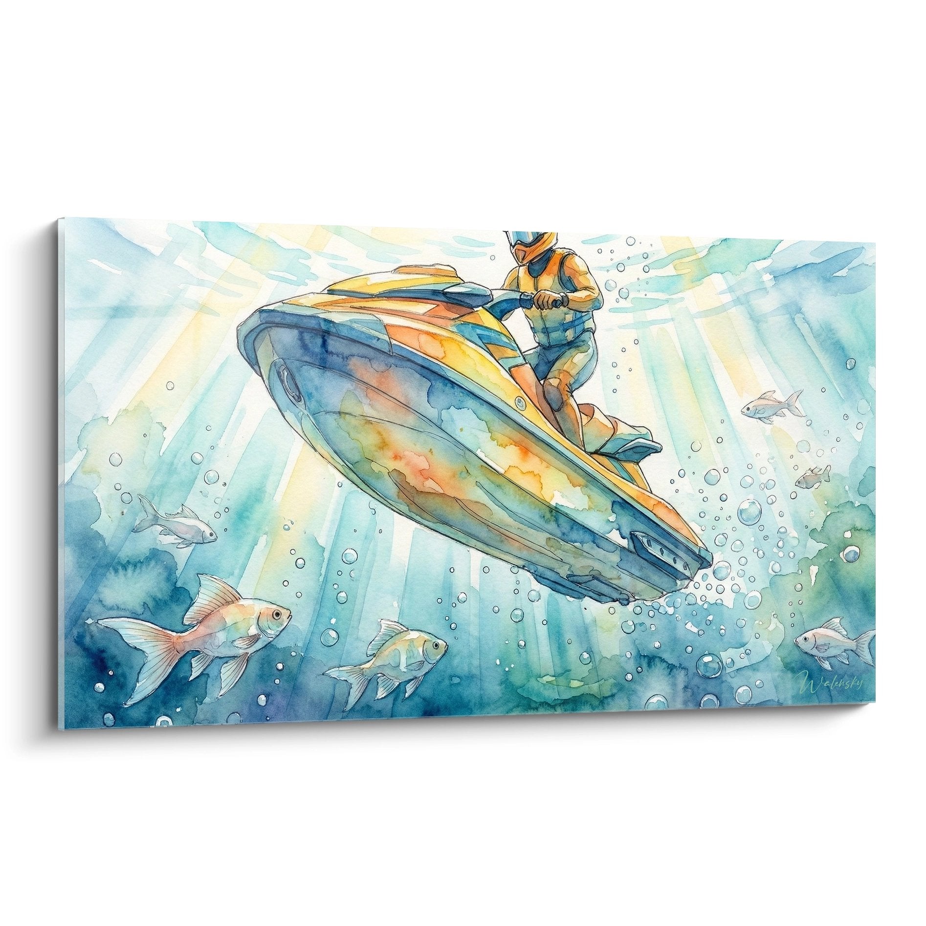 Tableau aquarelle jetski sous-marin avec pilote et poissons colorés dans eau turquoise avec rayons soleil