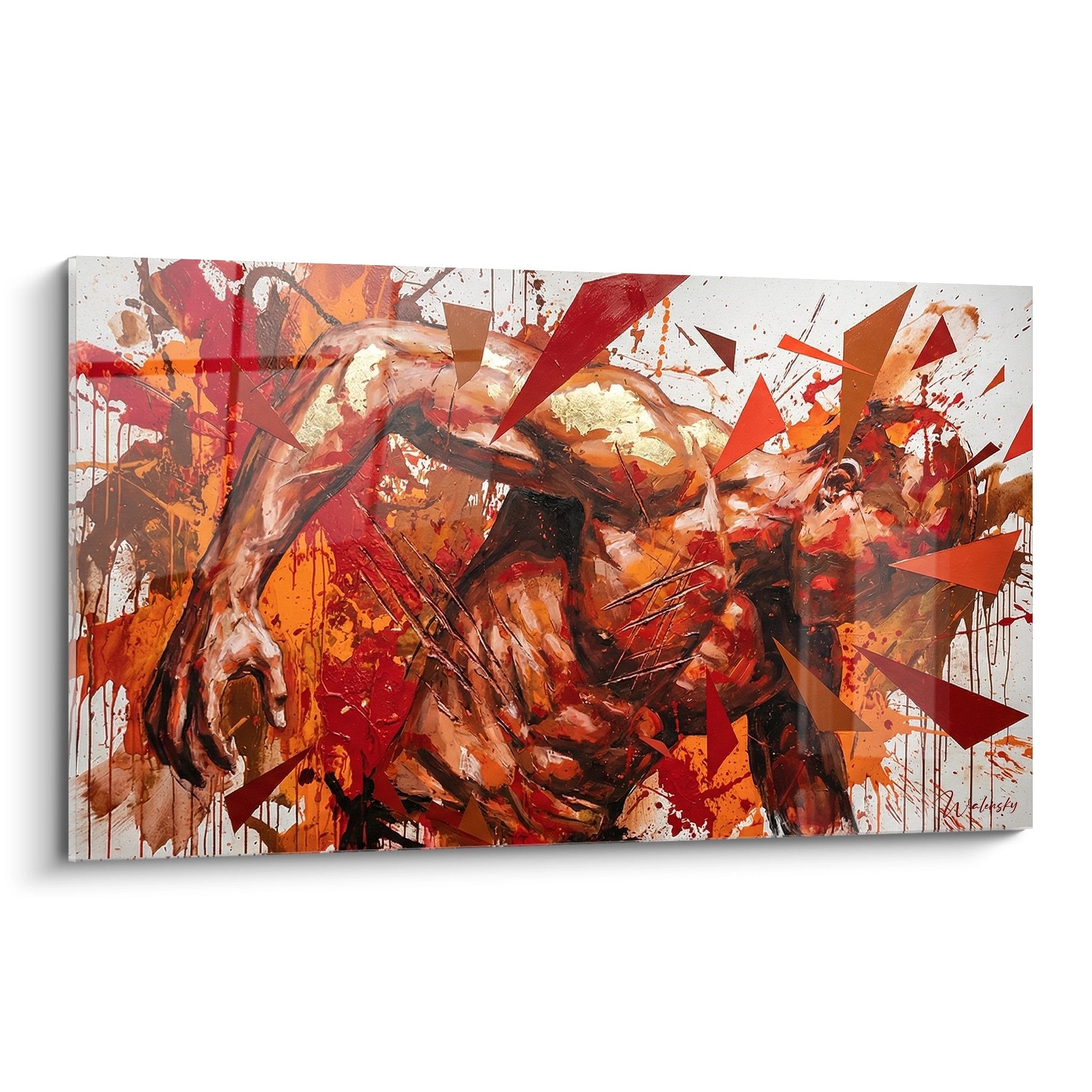 Tableau artistique representant un torse masculin muscle avec effets de peinture explosive rouge et orange