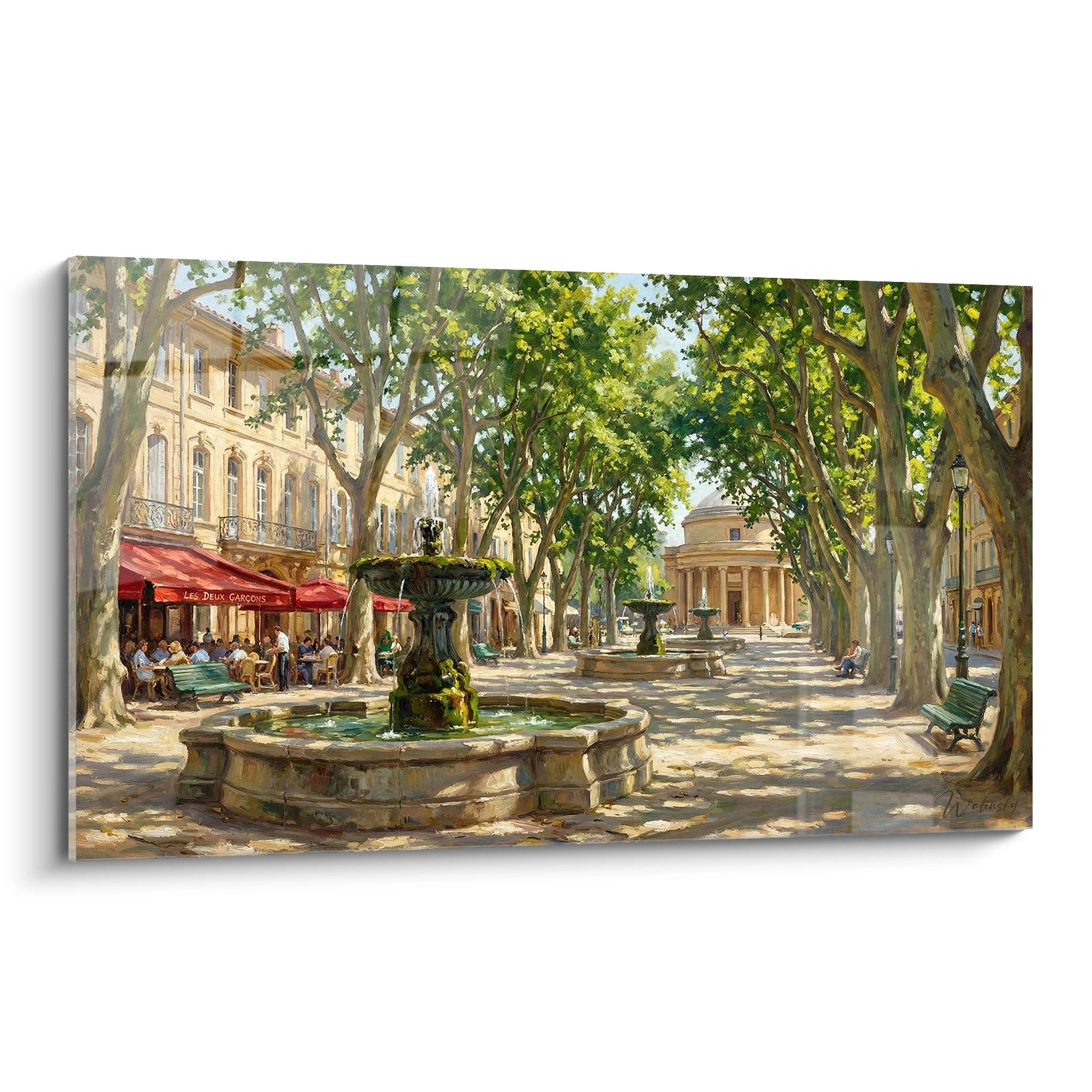 Tableau d'une place provençale avec fontaine centrale, café aux stores rouges et platanes sous le soleil du Midi