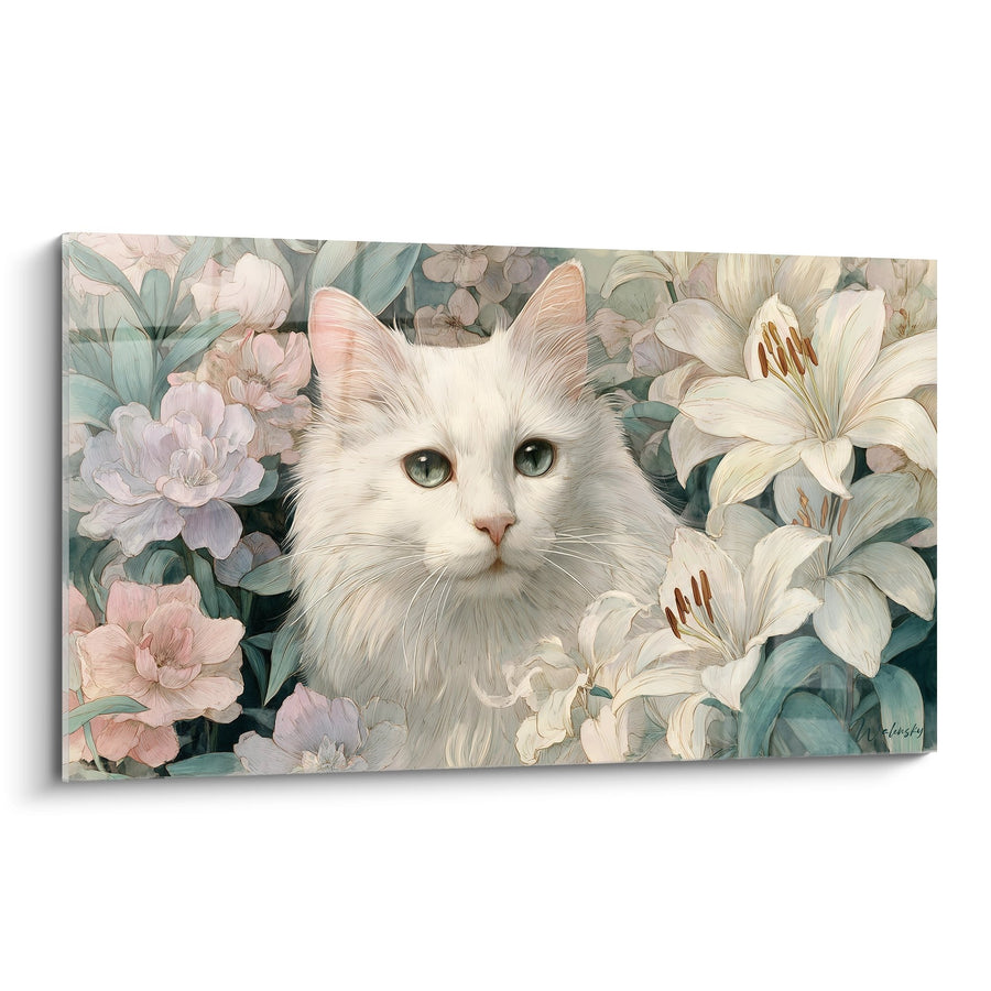 Tableau Chat Turkish Angora dans Jardin Fleuri - Harmonie Pastel - Edition chat Turkish Angora