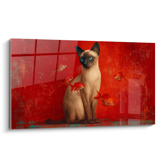 Schilderij Siamese Kat en Broedvissen - Waterdroom - Siamese kat editie