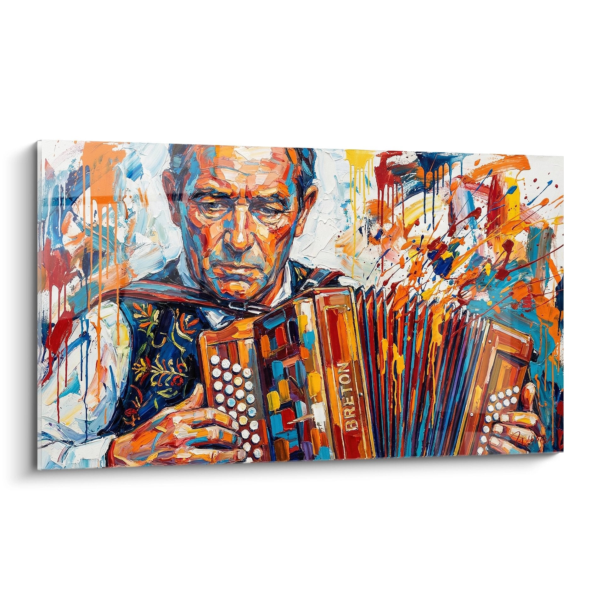 Tableau expressionniste d'un accordéoniste breton aux couleurs vives, art mural contemporain Bretagne