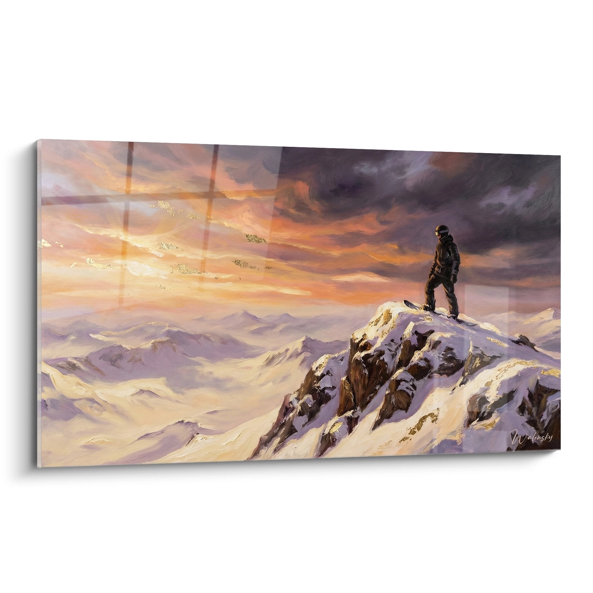 Tableau snowboardeur au sommet montagne enneigée coucher soleil orange violet art mural snowboard conquête