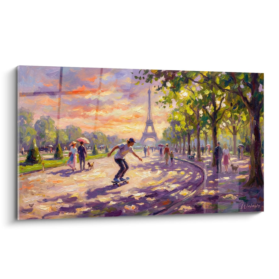 Tableau Skateboard Paris Tour Eiffel - Skateur dans un Parc Parisien - Edition Skateboard