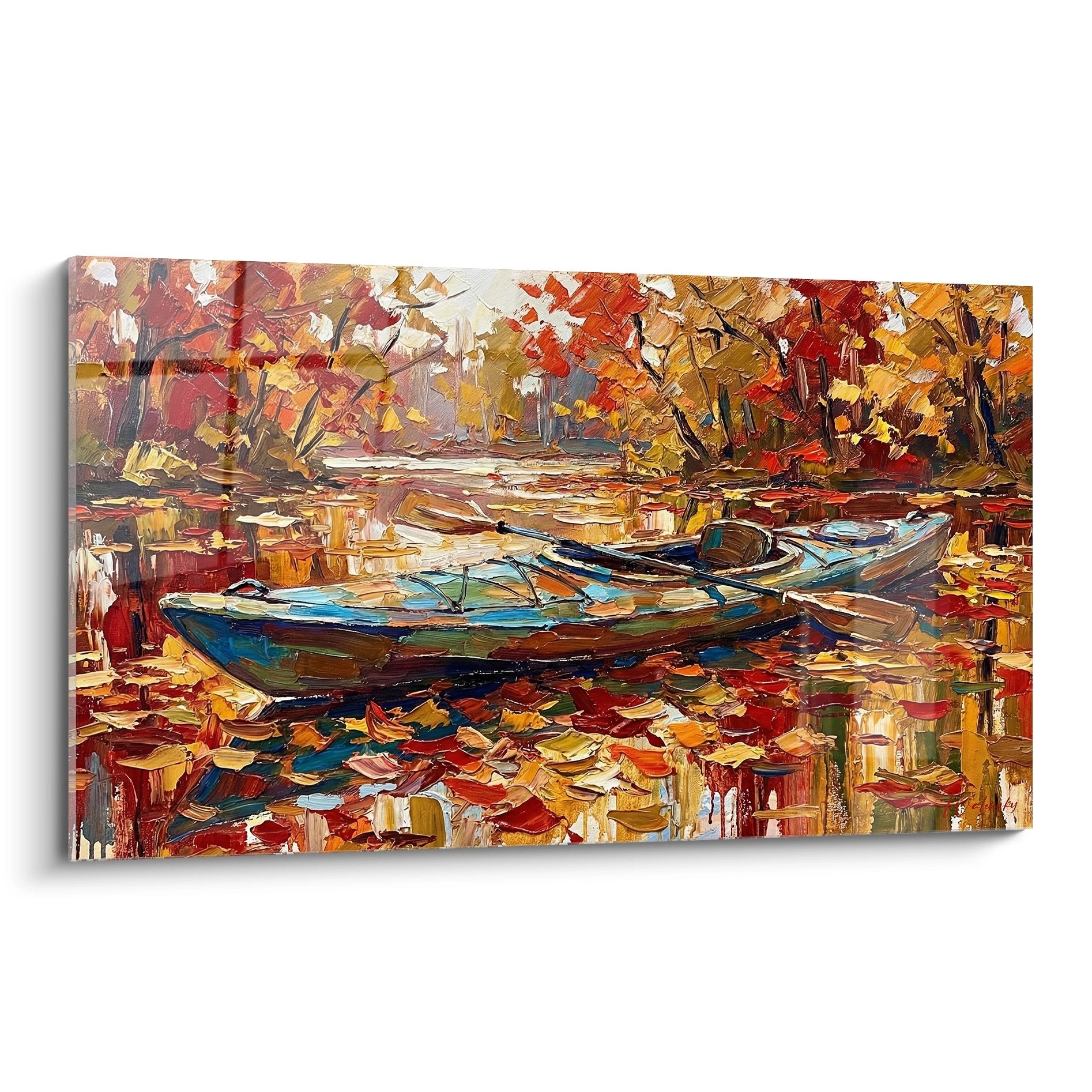Tableau peinture kayak bleu sur rivière d'automne avec feuillage doré et reflets chatoyants