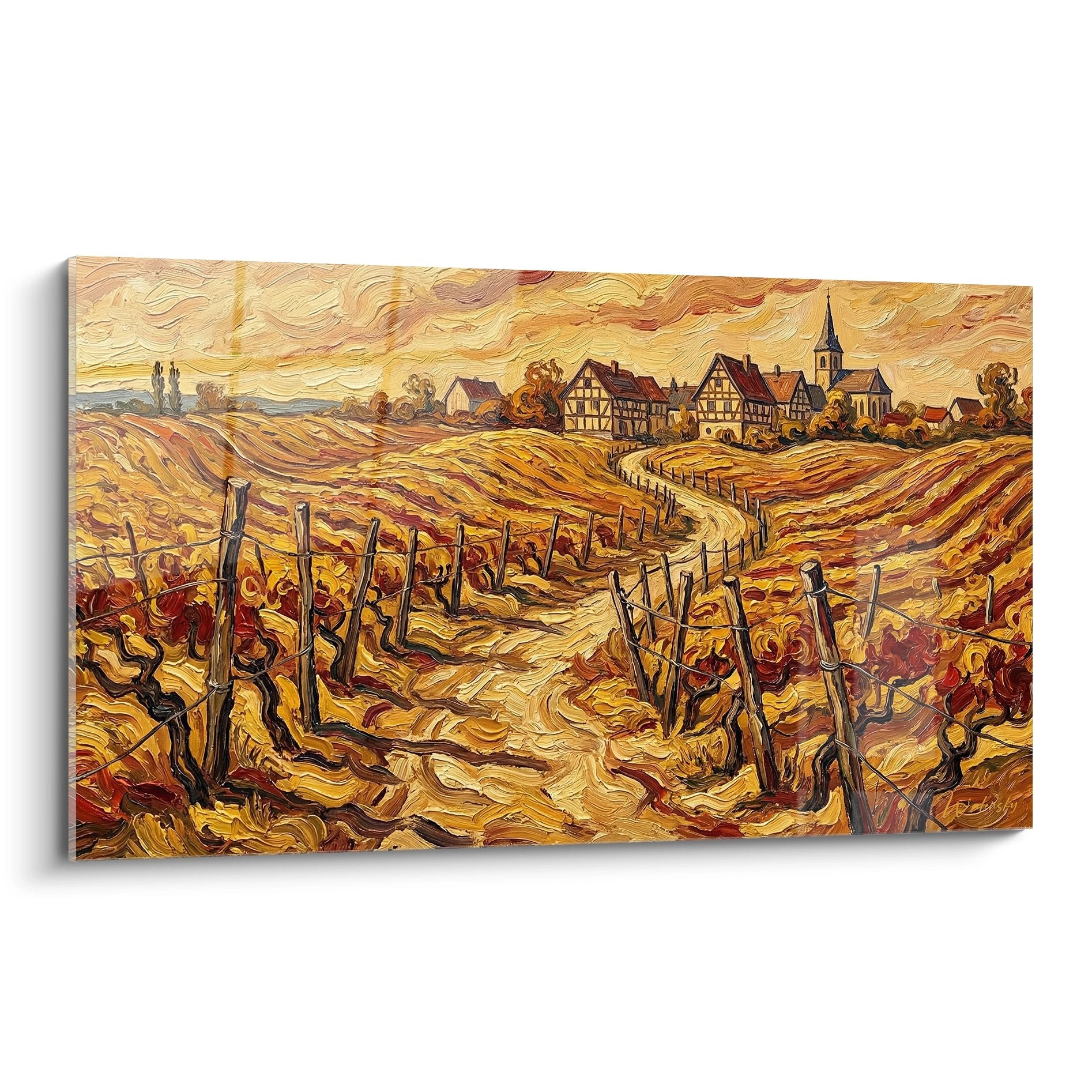 Tableau village alsacien avec vignobles dorés en automne, style post-impressionniste, clocher et maisons traditionnelles