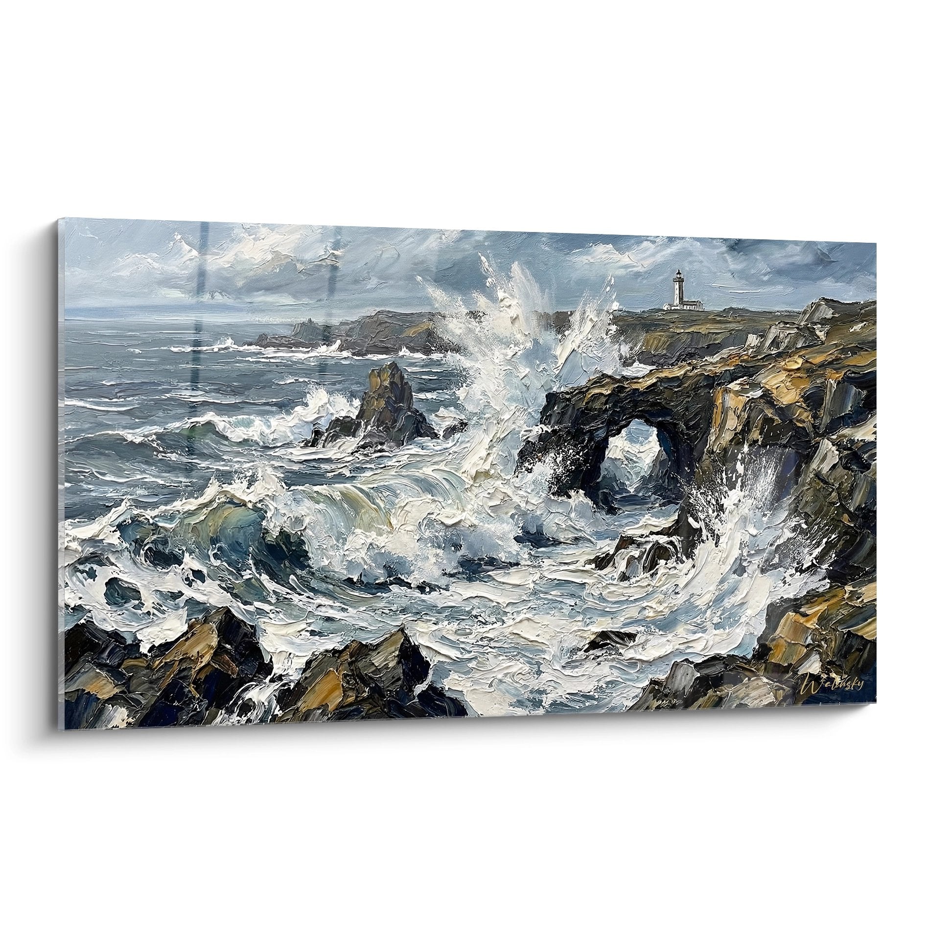 Tableau peinture tempête côte bretonne avec phare, vagues puissantes et rochers, art maritime Bretagne