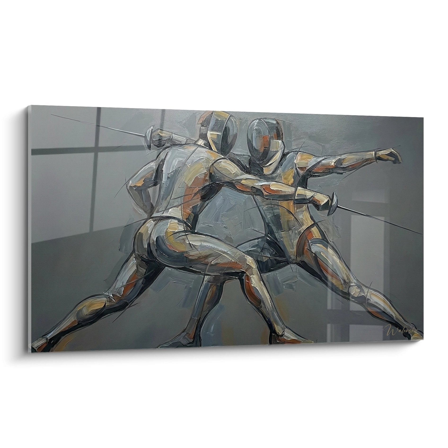 Tableau moderne d'escrime montrant deux tireurs en duel avec épées, style artistique contemporain tons gris et ocre