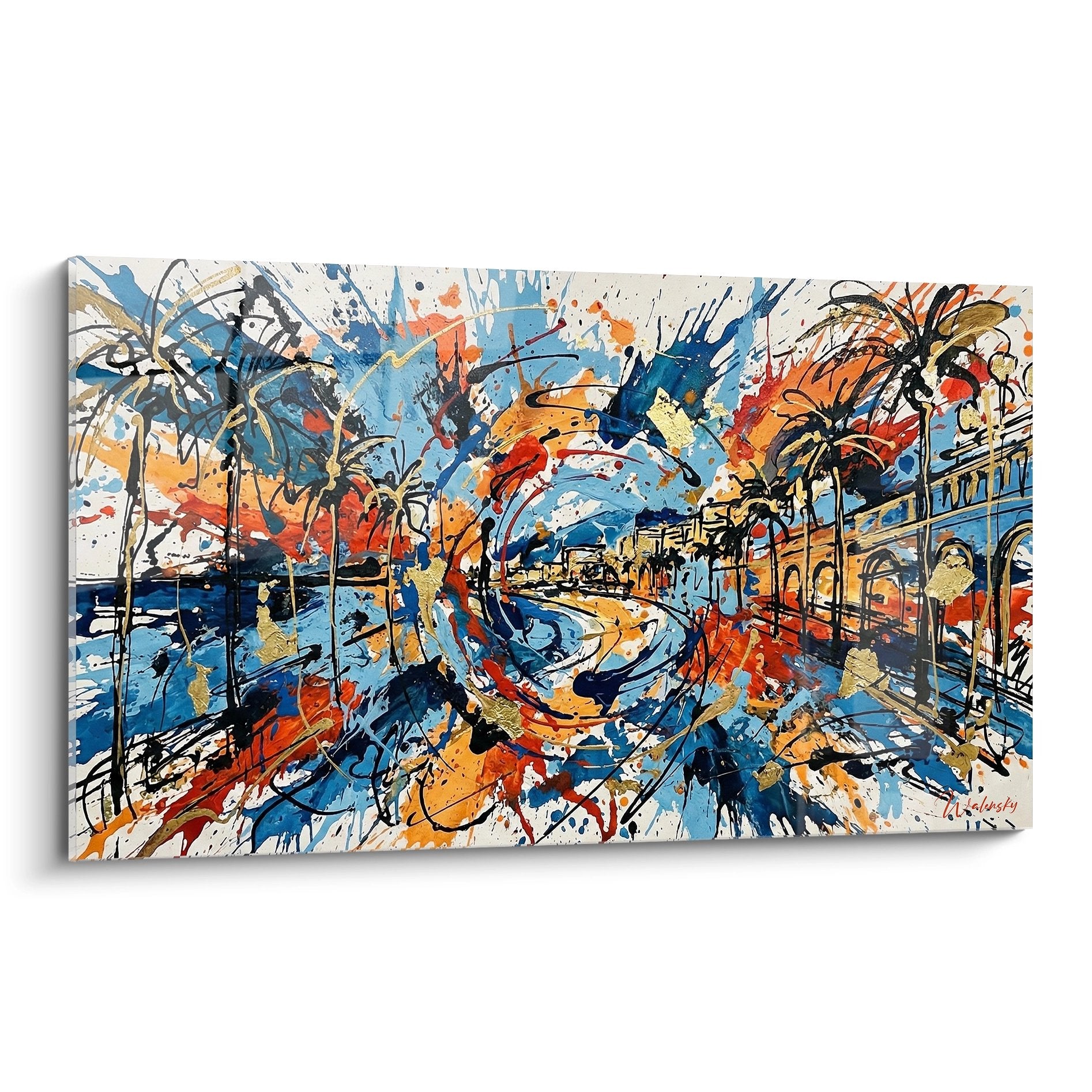 Tableau art abstrait aux couleurs de la Méditerranée avec éclats bleus oranges dorés style expressionniste