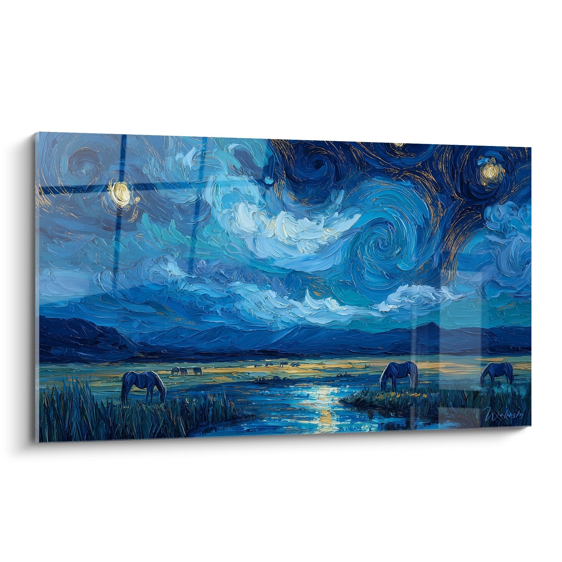 Tableau chevaux camarguais style Van Gogh avec ciel etoile tourbillonnant et marais bleus