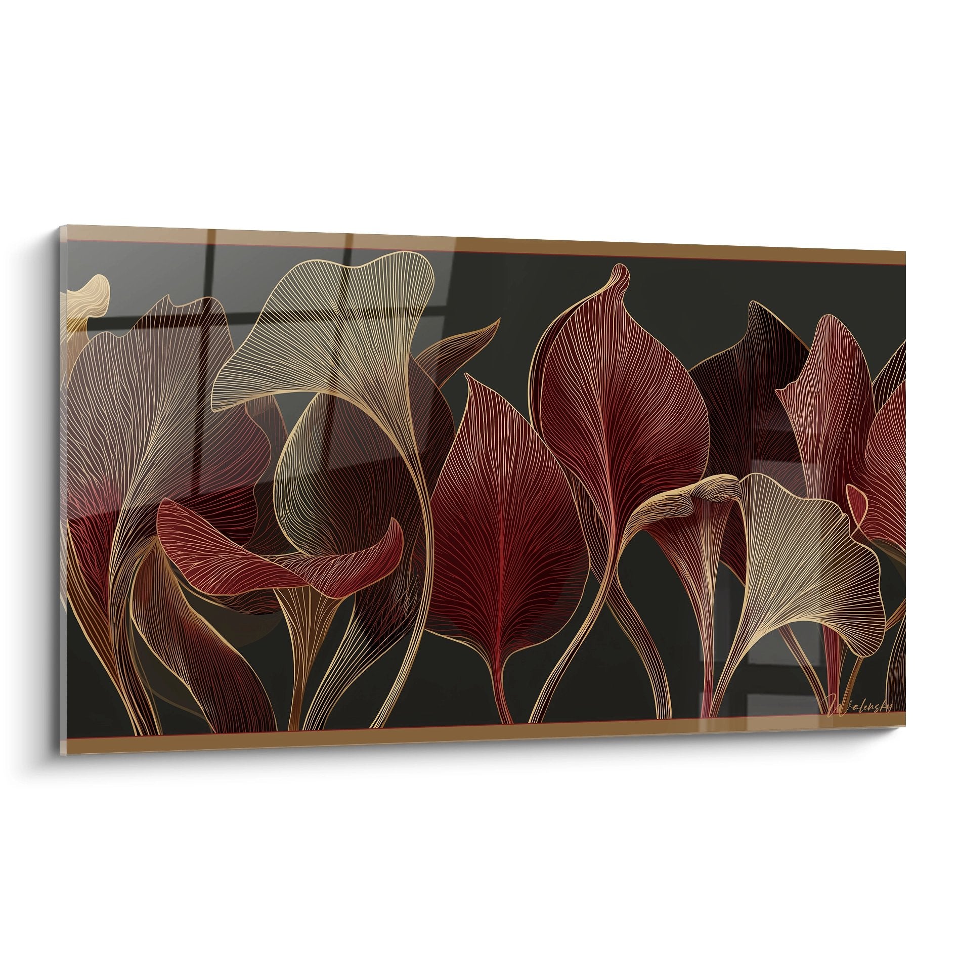 Tableau art déco représentant des feuillages tropicaux dorés et bordeaux sur fond sombre avec lignes fines dorées