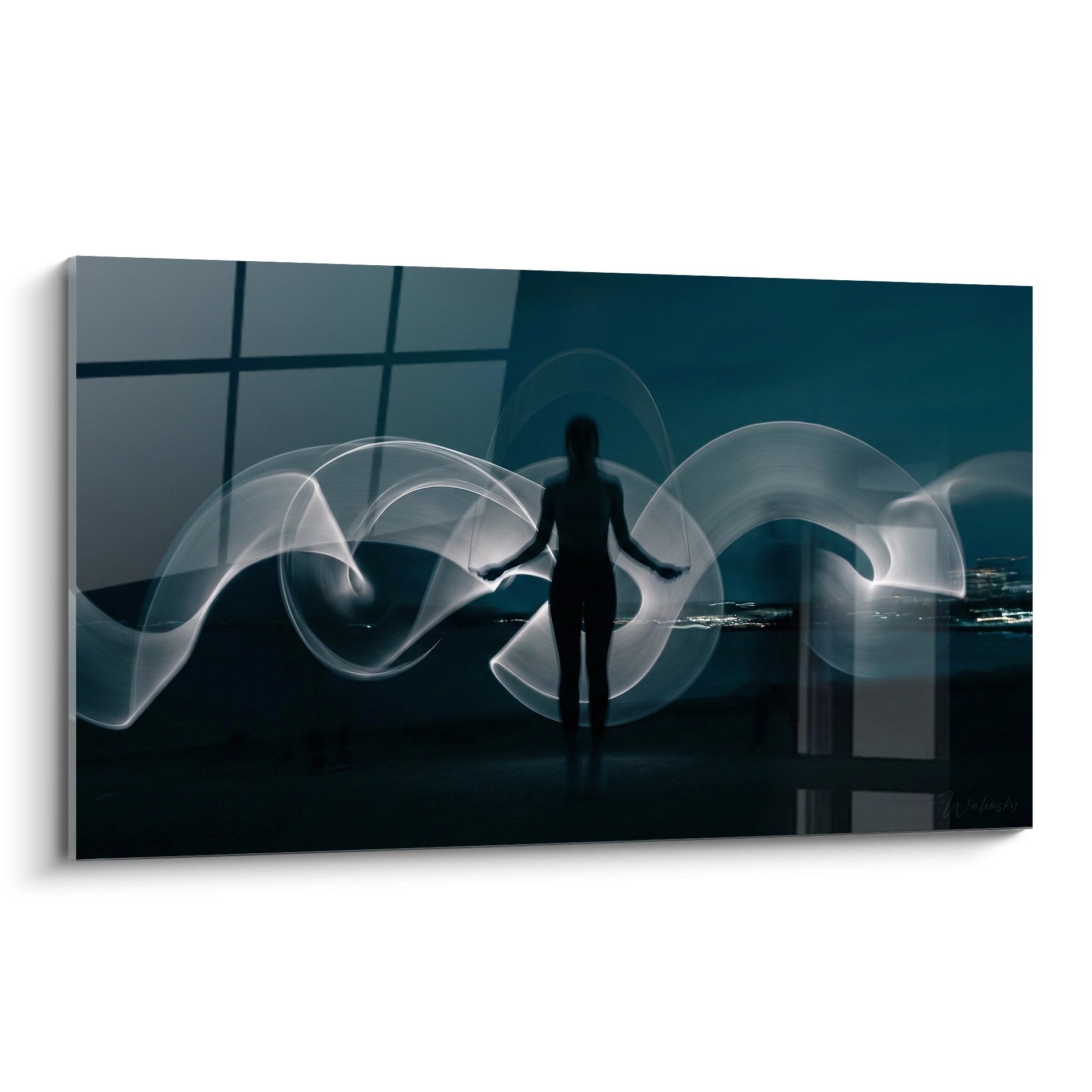 Tableau crossfit moderne avec silhouette feminine en light painting sur fond bleu geometrique contemporain