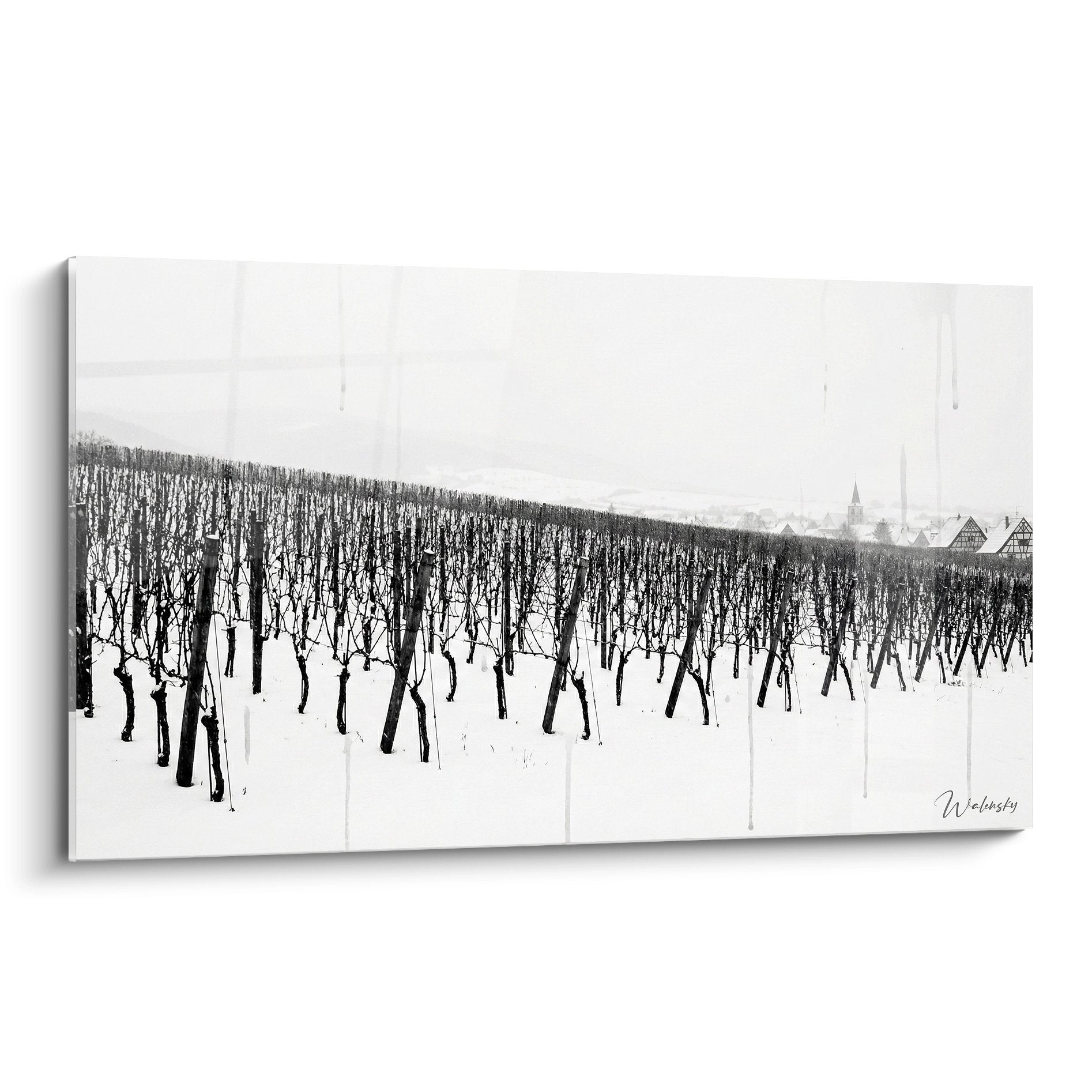 Tableau vignoble alsacien hiver rangées vignes sous neige village arrière-plan art mural noir blanc