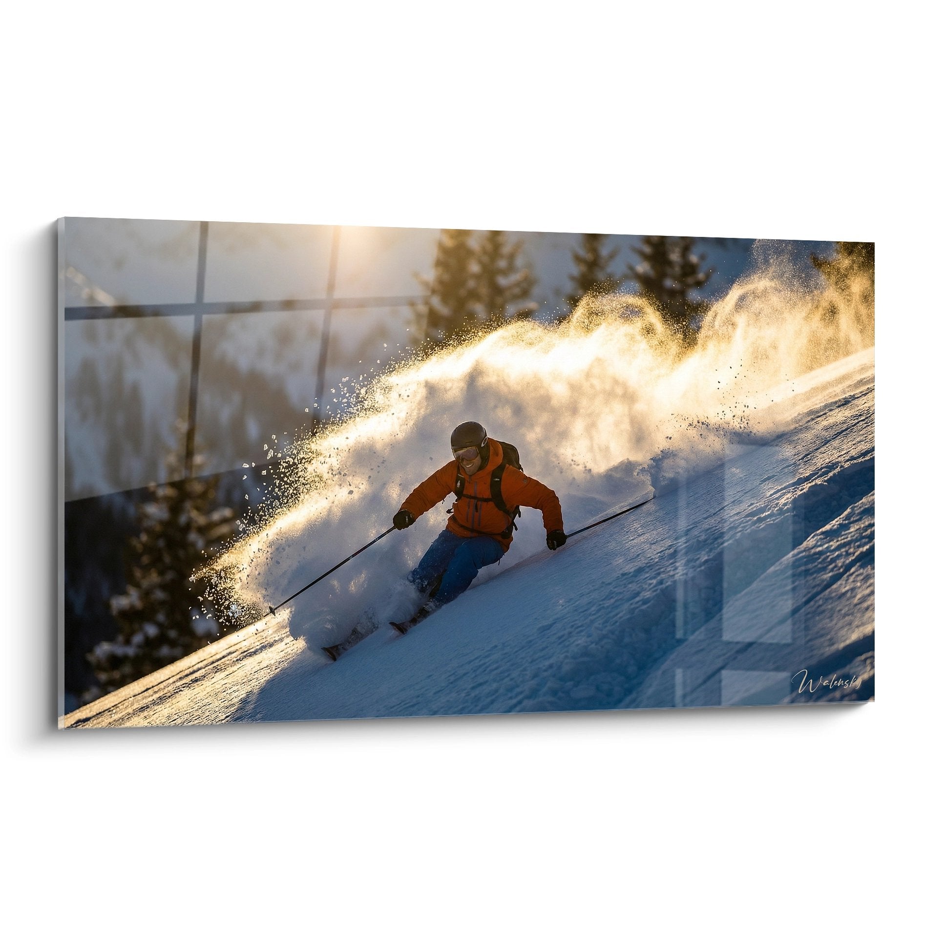 Tableau skieur en action dans poudreuse dorée illuminée par soleil couchant avec veste orange sur pente enneigée