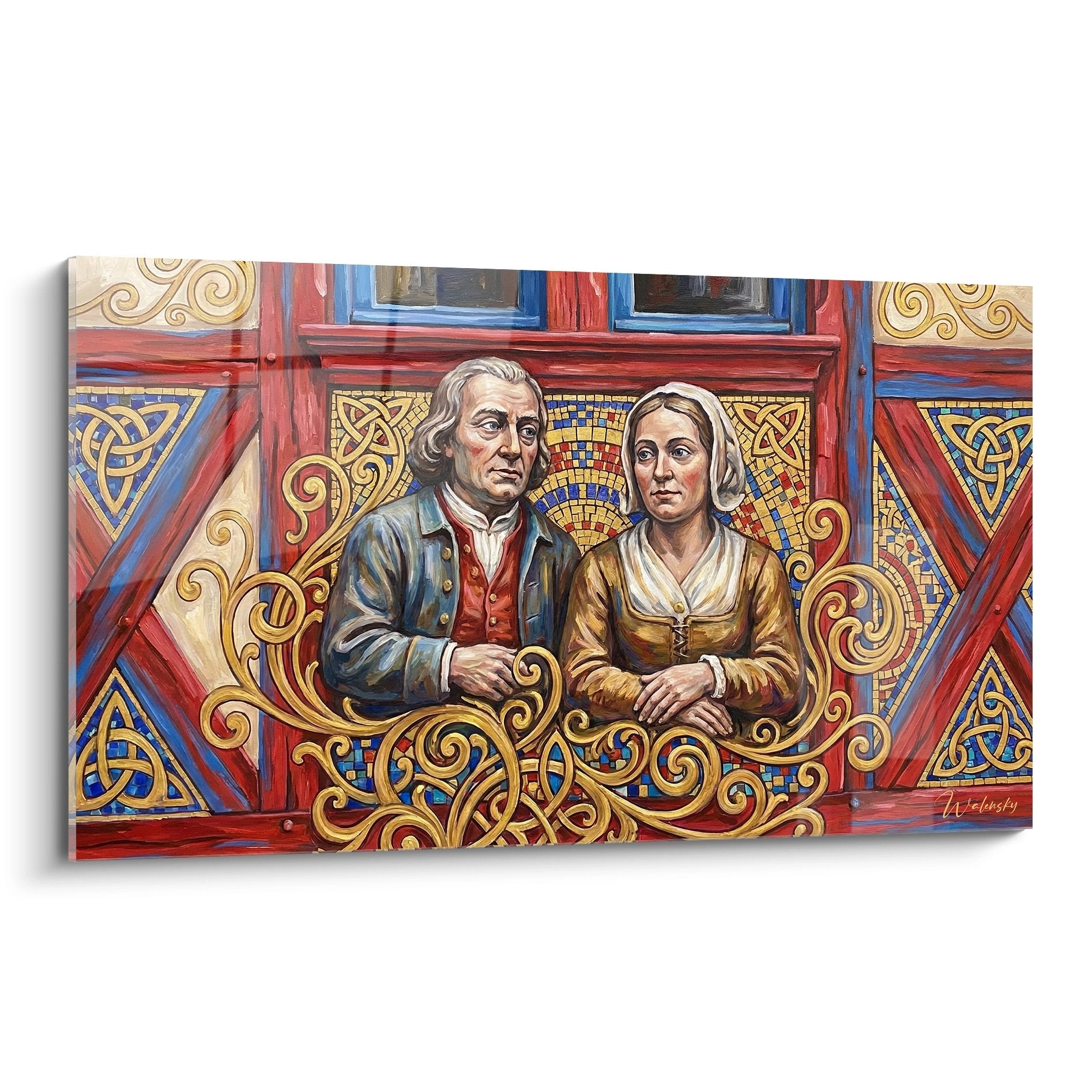 Tableau decoratif couple en costumes bretons traditionnels avec motifs celtiques dores sur fond rouge et bleu