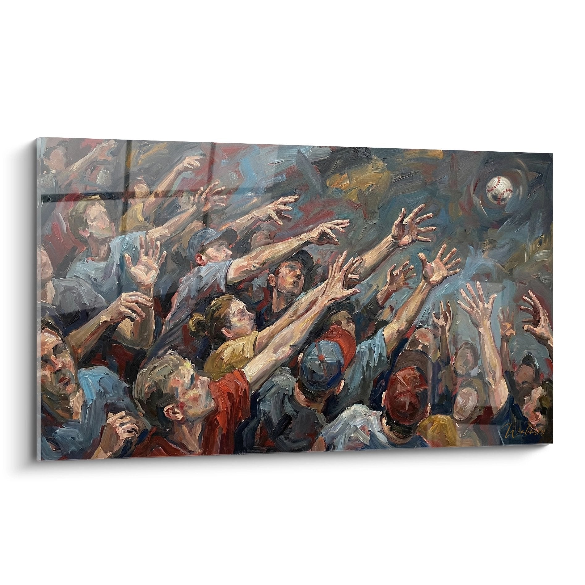 Tableau peinture foule supporters baseball gradins mains levees atmosphere stade sport americain