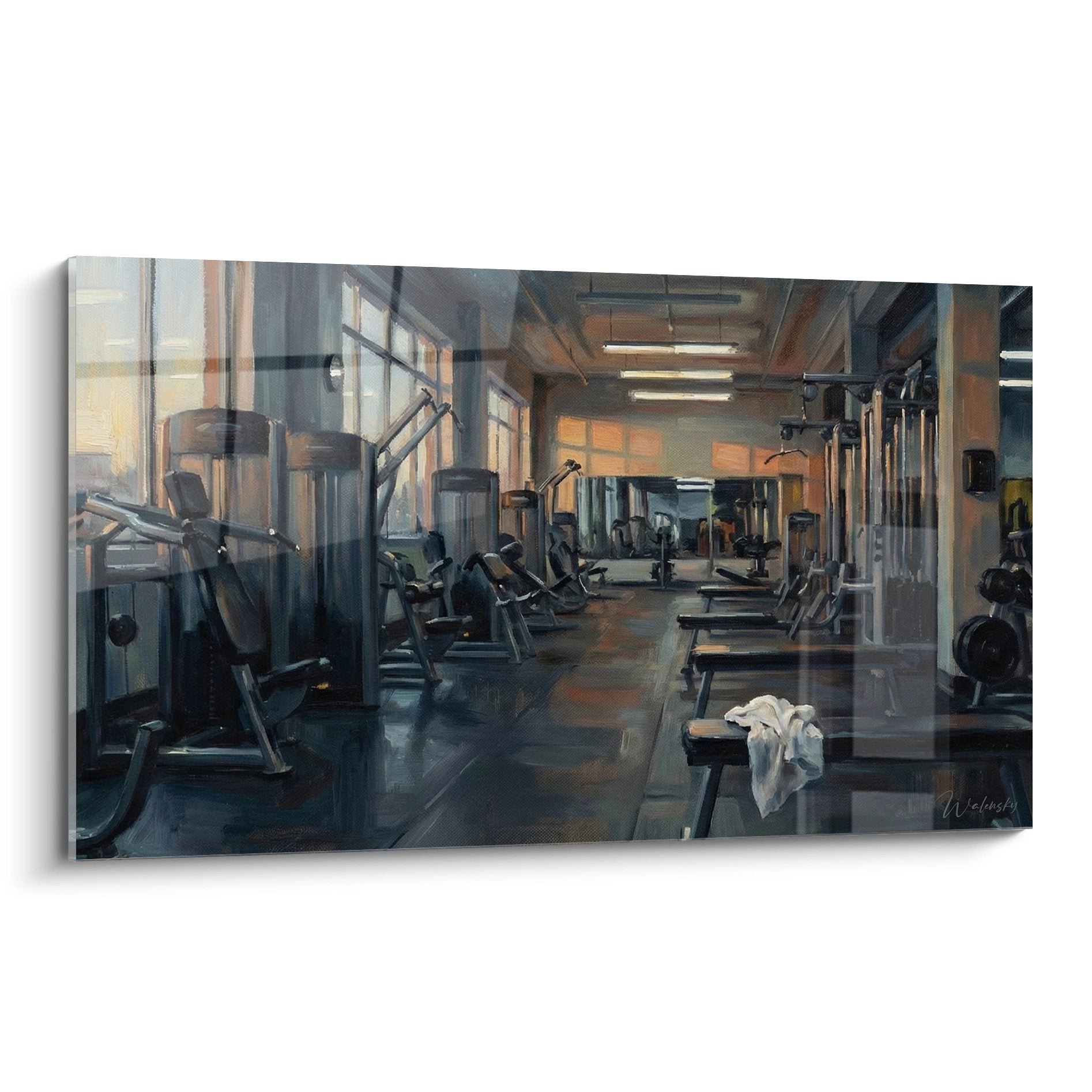 Tableau artistique representant une salle de musculation moderne avec equipements fitness et ambiance industrielle