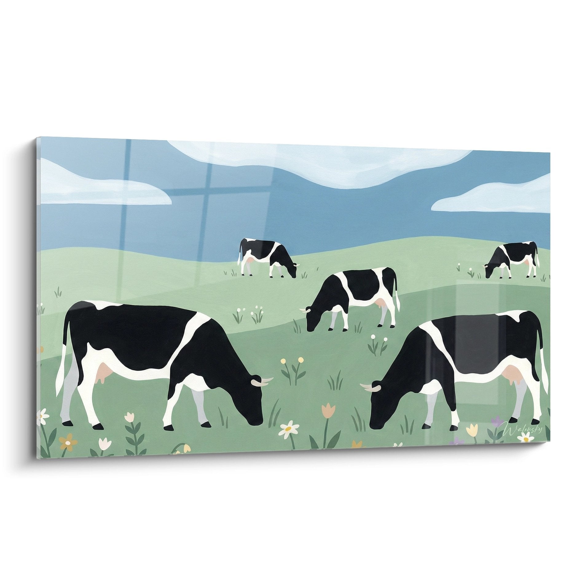 Tableau moderne représentant des vaches noir et blanc dans un pâturage vert des Vosges avec ciel nuageux bleu