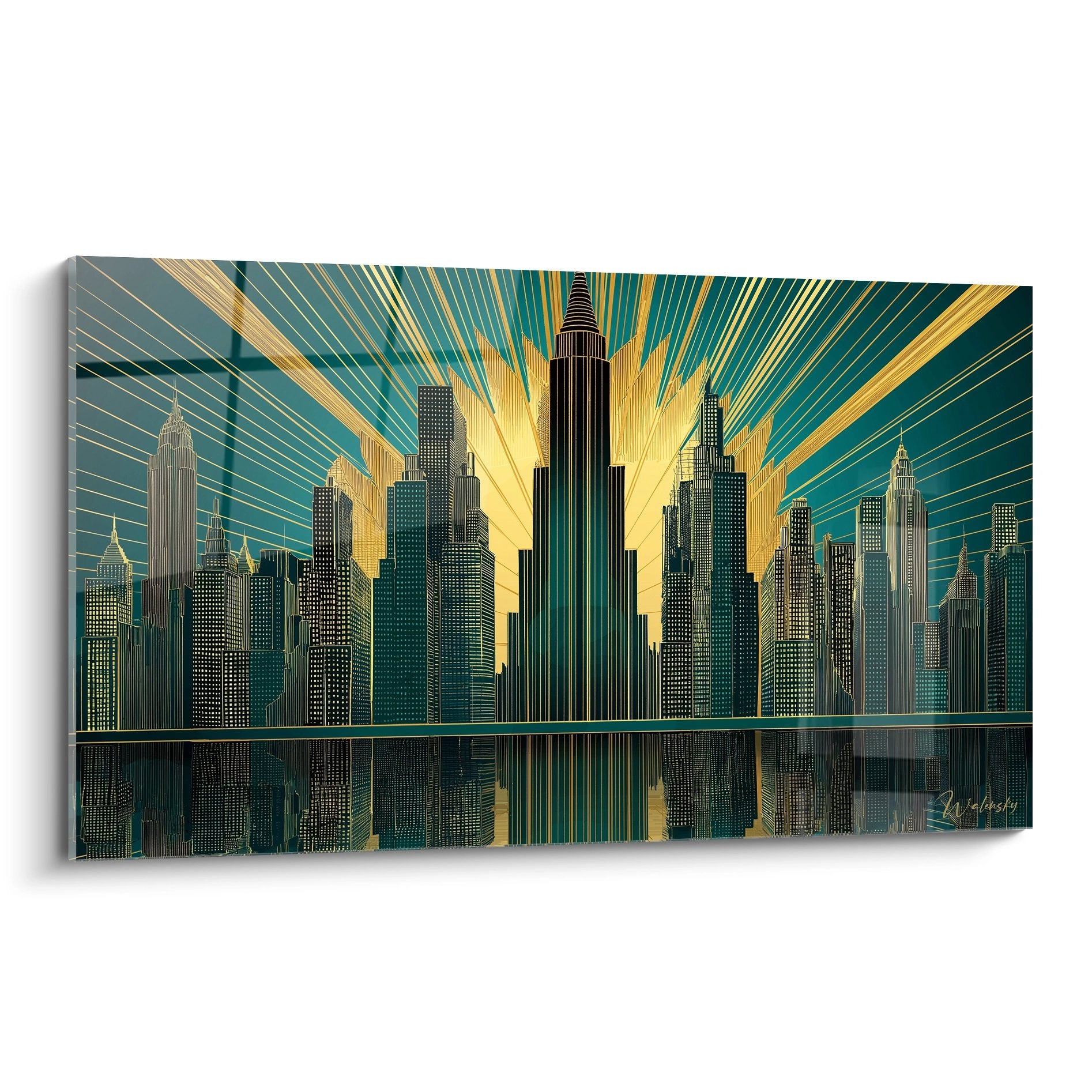 Tableau Art Déco représentant le skyline de New York avec rayons dorés et reflets dans l'eau