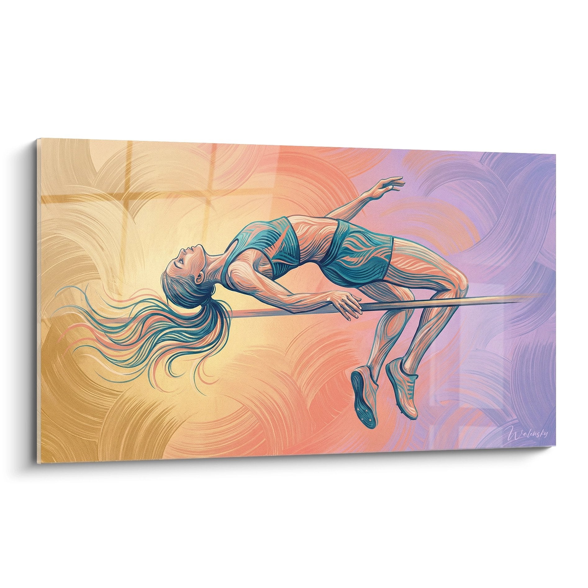 Tableau artistique d'une athlète féminine en saut en hauteur, style moderne aux couleurs dorées et violettes