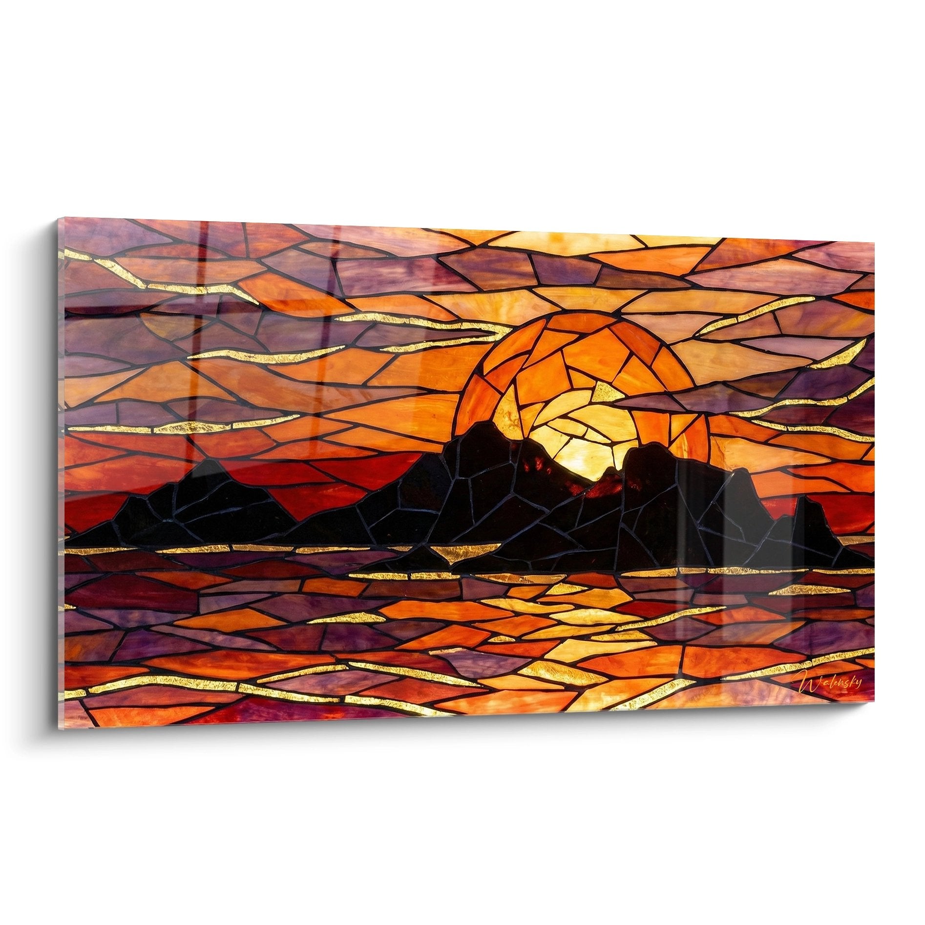 Tableau coucher de soleil style mosaique avec montagnes noires et ciel orange rouge en fragments geometriques