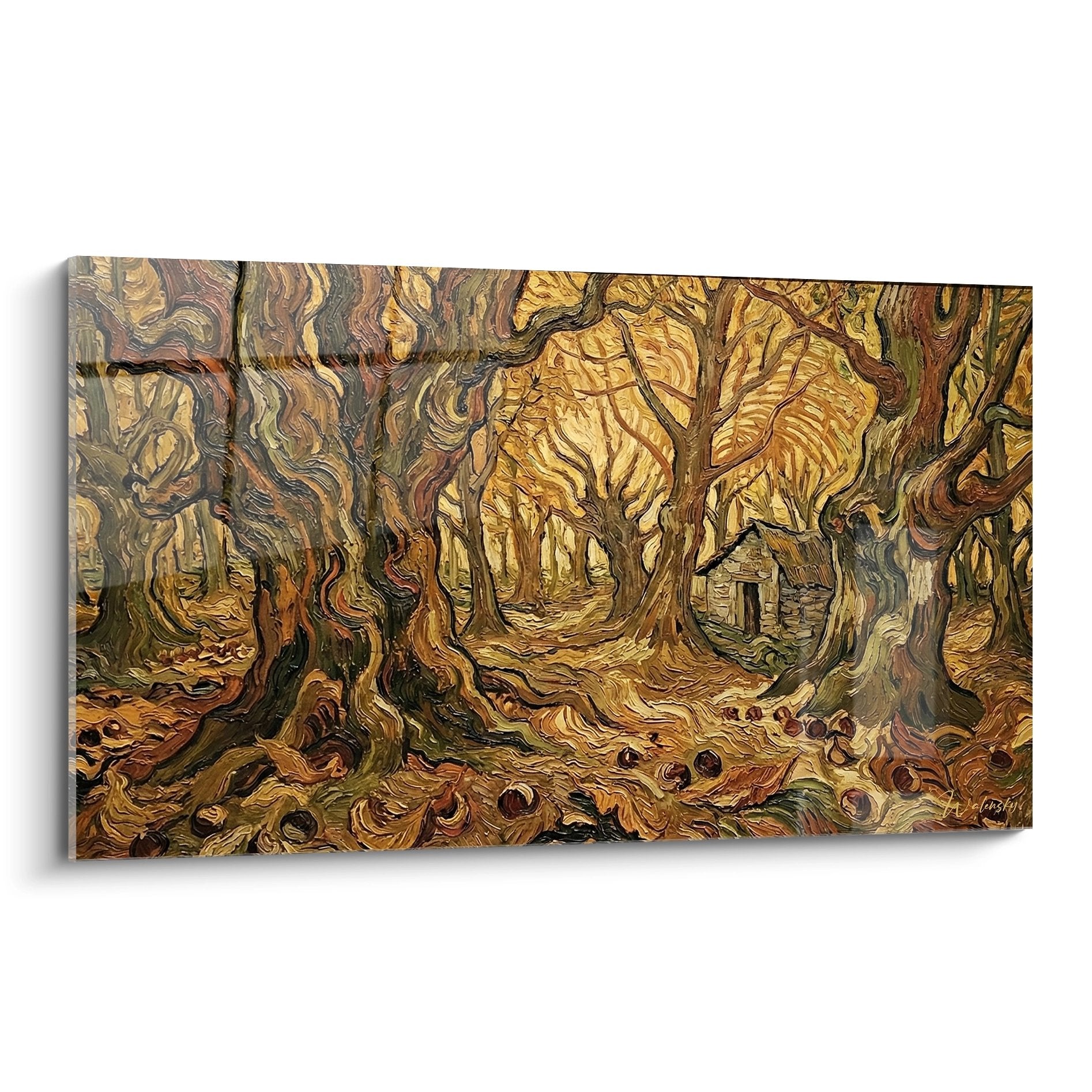 Tableau forêt enchantée aux tons dorés avec arbres séculaires et sentier serpentant - Art mural corse premium