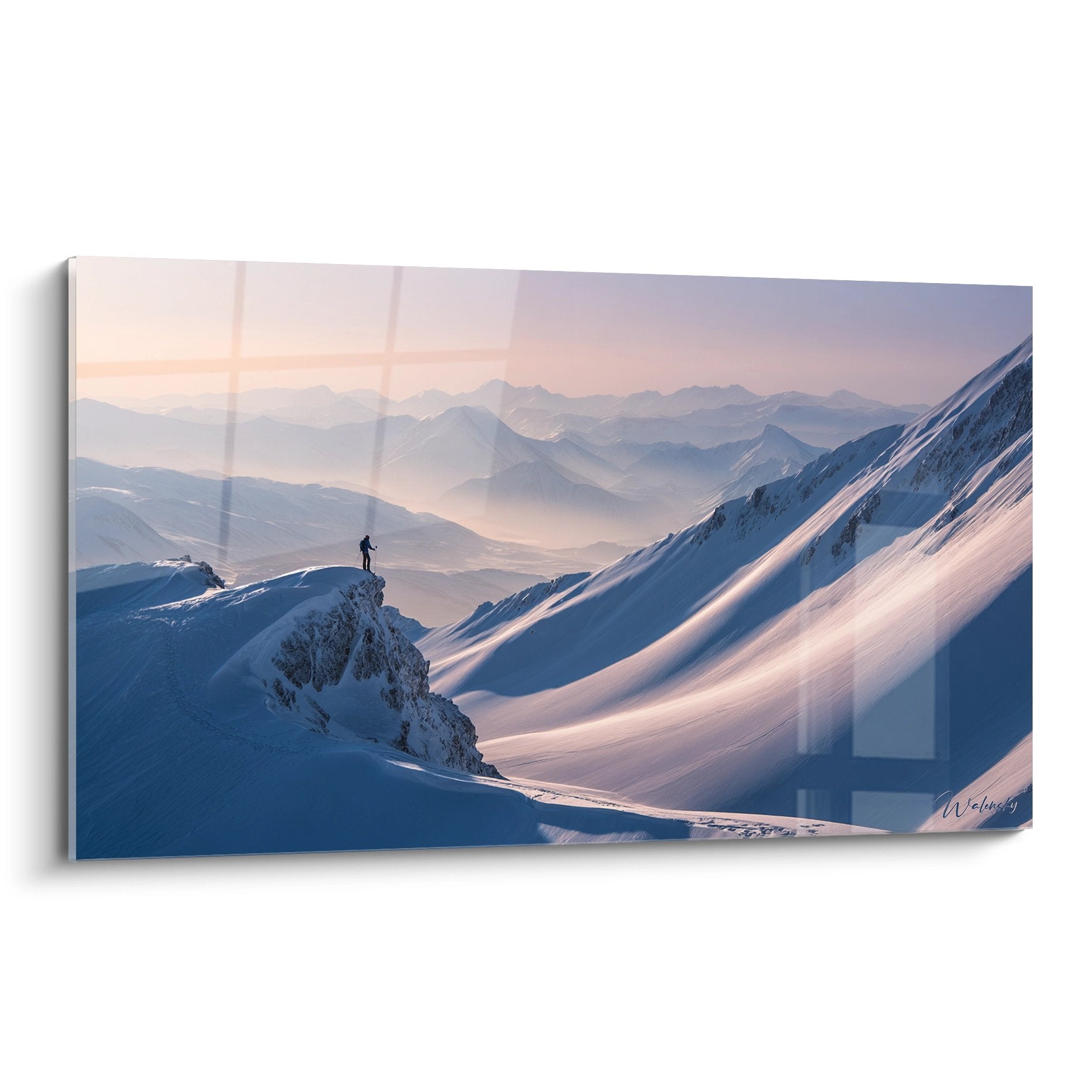 Tableau mural skieur au sommet montagne enneigée avec lumière dorée et paysage alpin Edition Ski