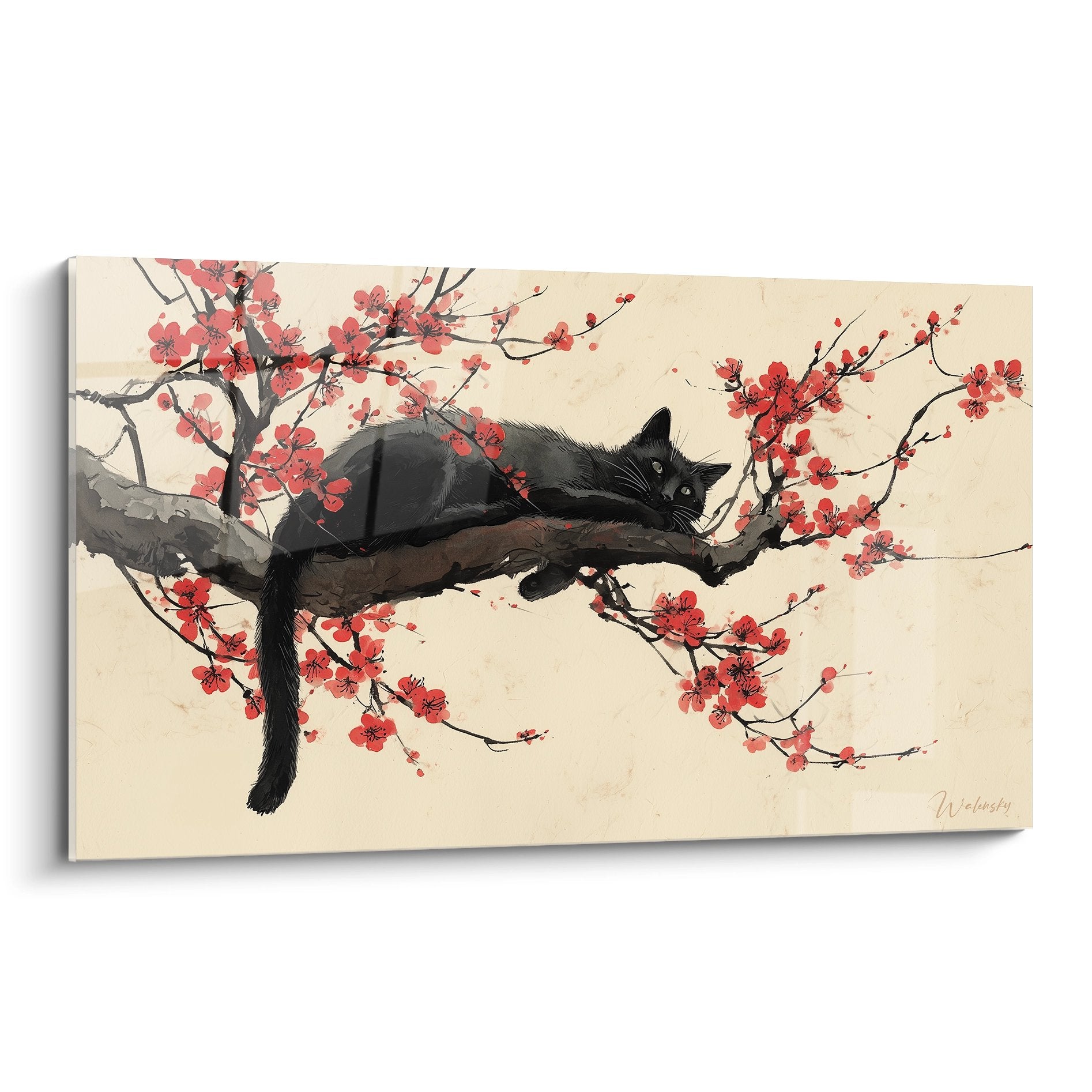 Tableau chat Bombay noir allonge branche fleurs prunier roses style art asiatique zen decoration murale