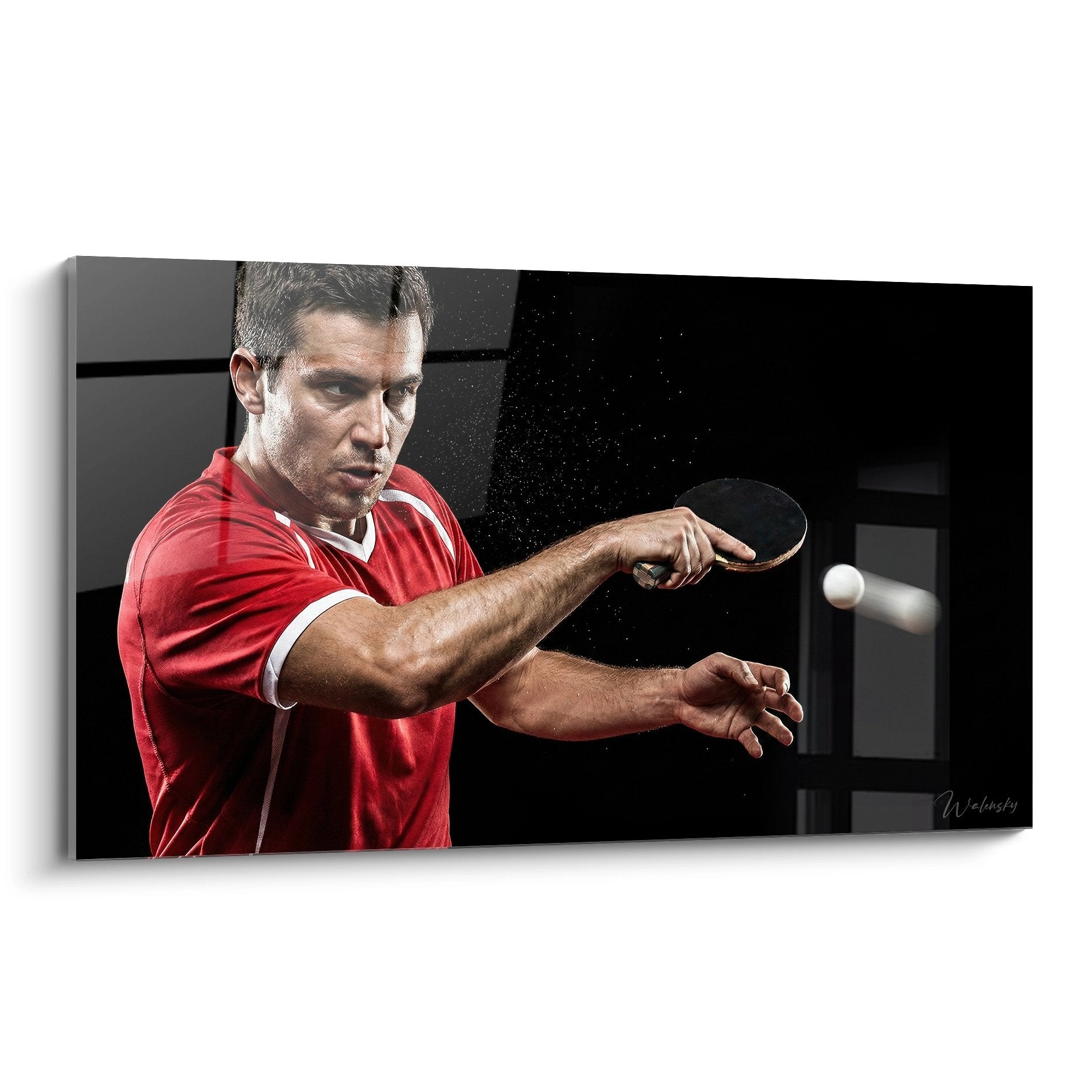 Tableau joueur ping pong action maillot rouge raquette concentration sport tennis table art mural