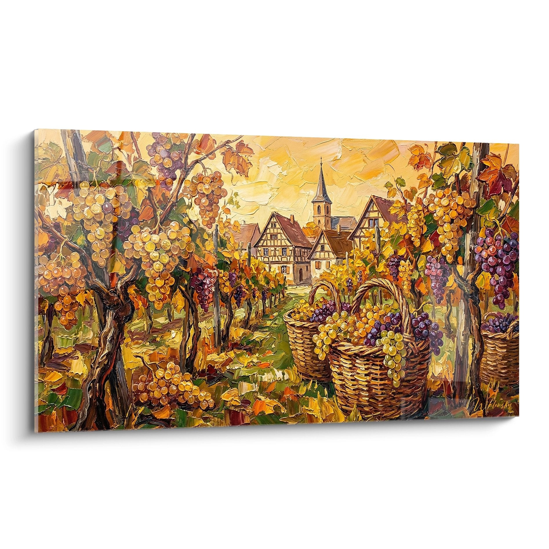 Tableau vignoble alsacien avec vendanges, paniers de raisins et village traditionnel à colombages en arrière-plan