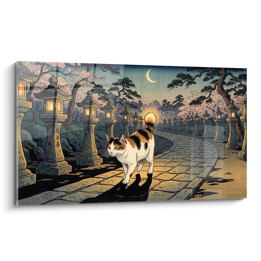 Tableau Chat Japanese Bobtail dans Temple Japonais - Nuit Sereine aux Lanternes - Edition chat Japanese Bobtail