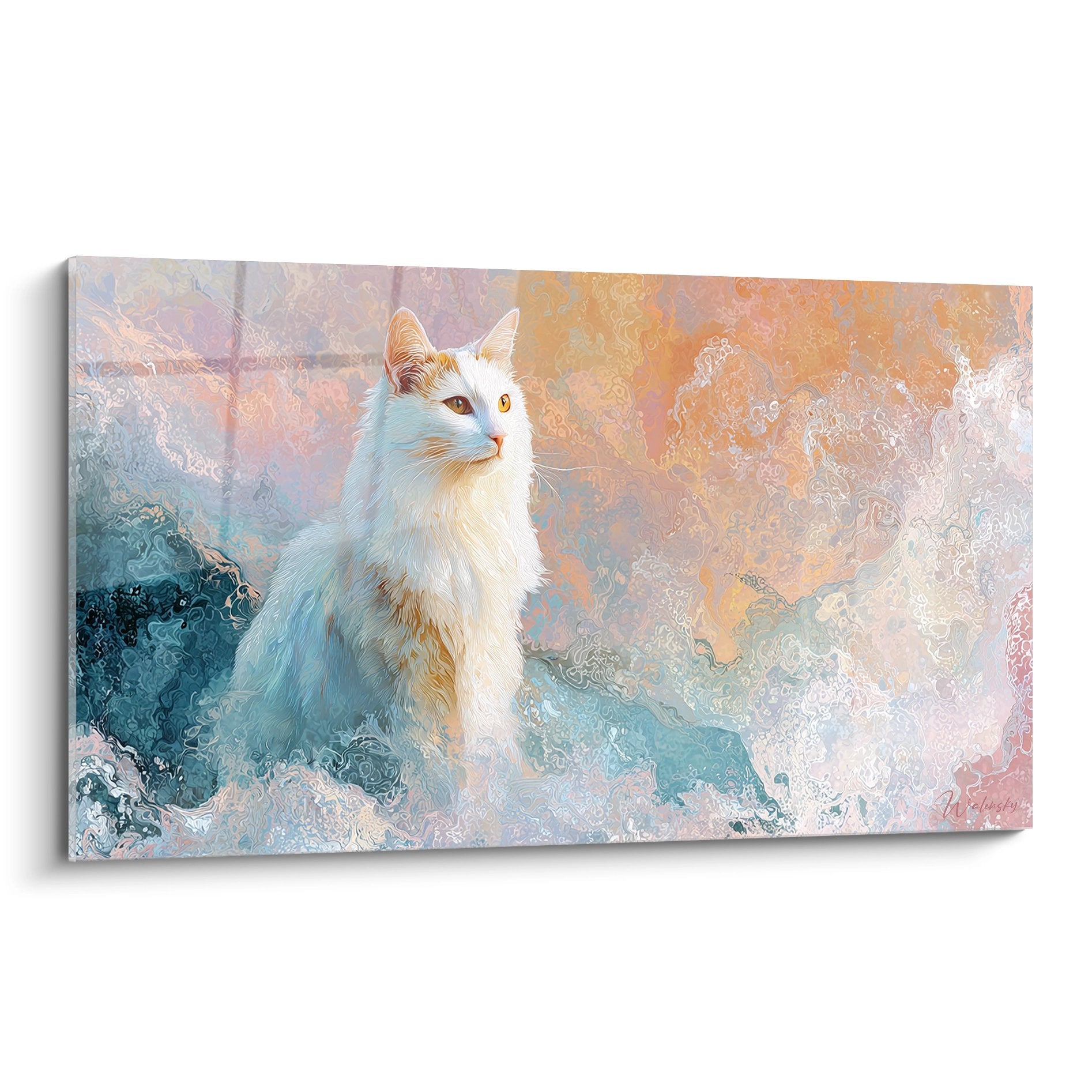 Tableau mural chat Turkish Van blanc et roux style aquarelle sur fond pastel nuageux tons bleu rose orange