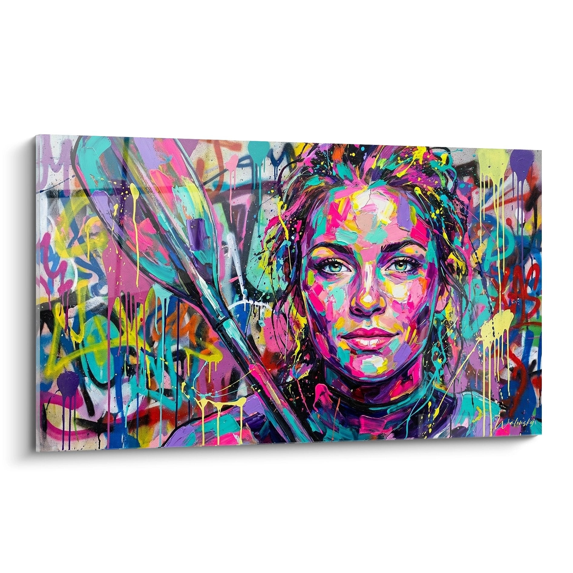 Tableau portrait femme style graffiti multicolore avec éclaboussures de peinture rose turquoise violet