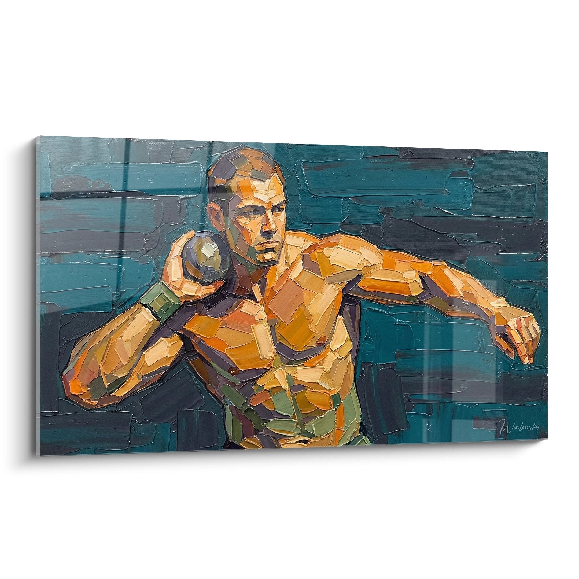 Tableau moderne d'athlete en musculation avec halteres, style geometrique orange et bleu