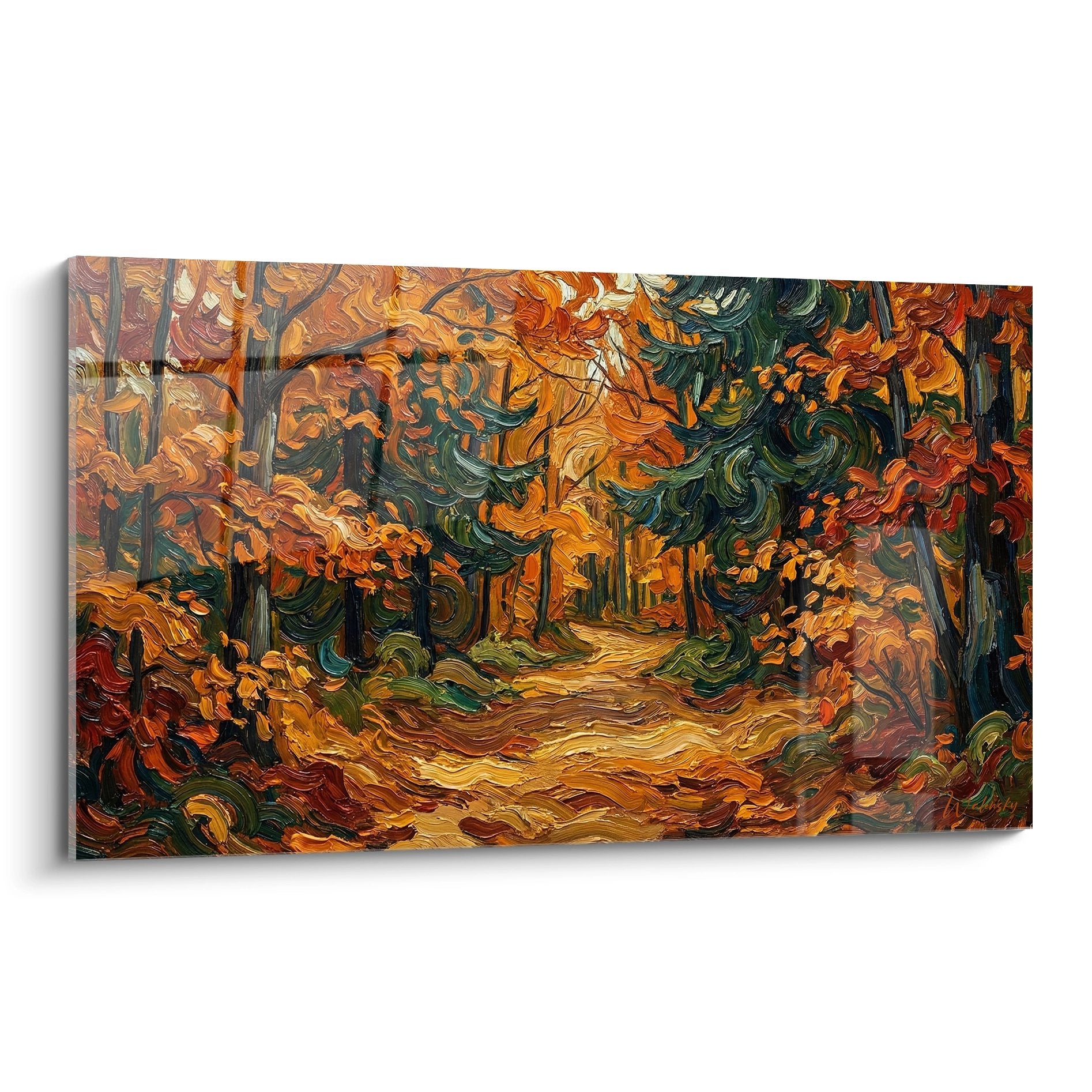 Tableau impressionniste représentant un sentier forestier en automne aux couleurs orange et vertes flamboyantes