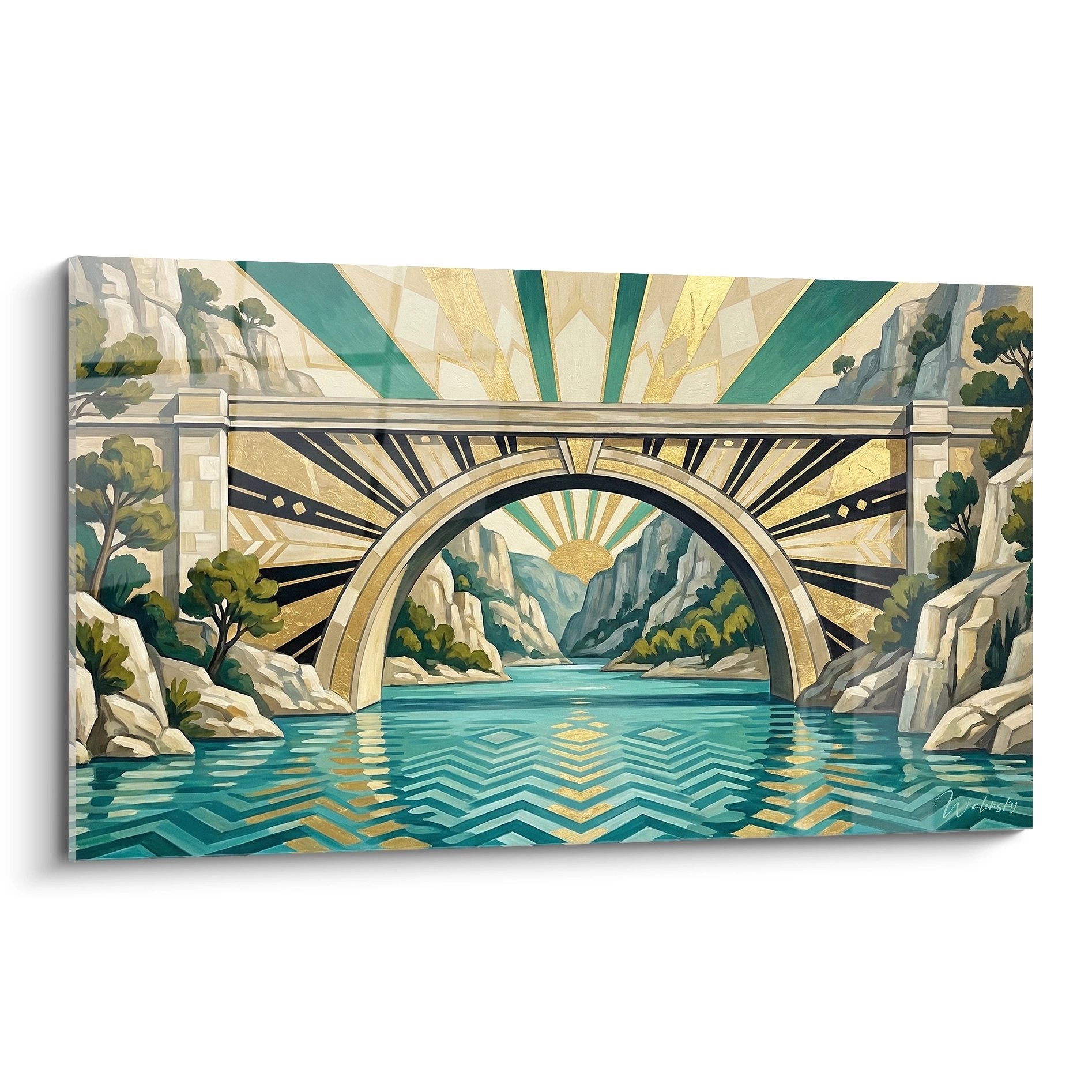 Tableau art deco gorges du verdon avec soleil dore rayonnant et eaux turquoise dans style geometrique