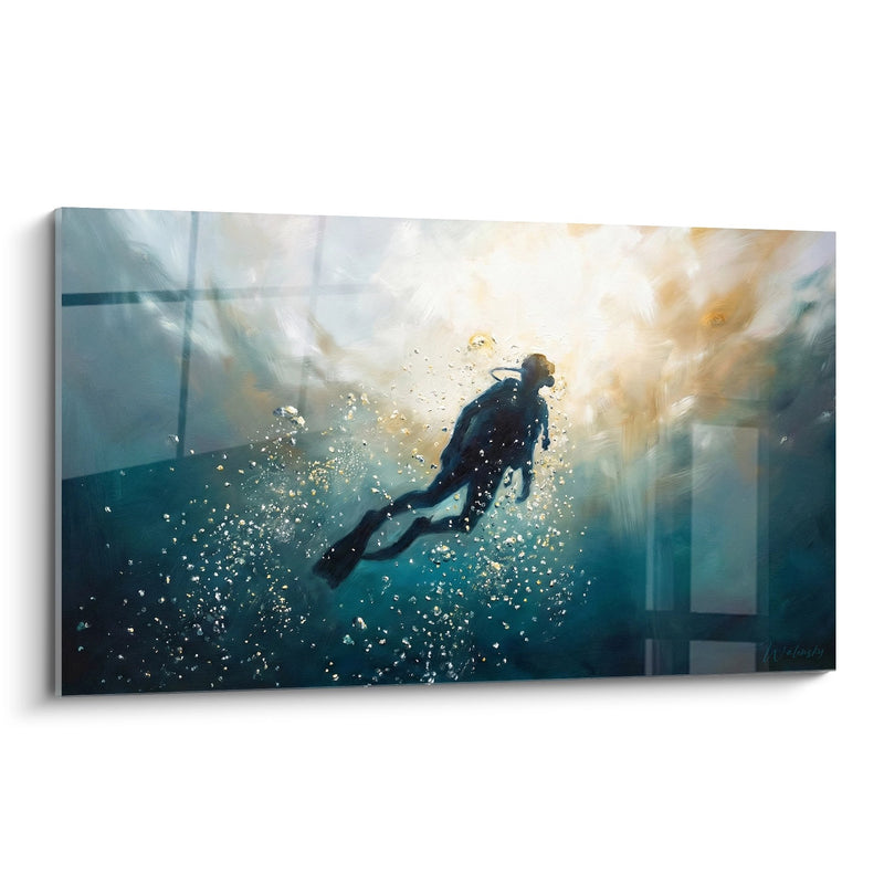 Diver Luminous Ascent Painting - Rising Toward Light - Scuba Diving Edition
