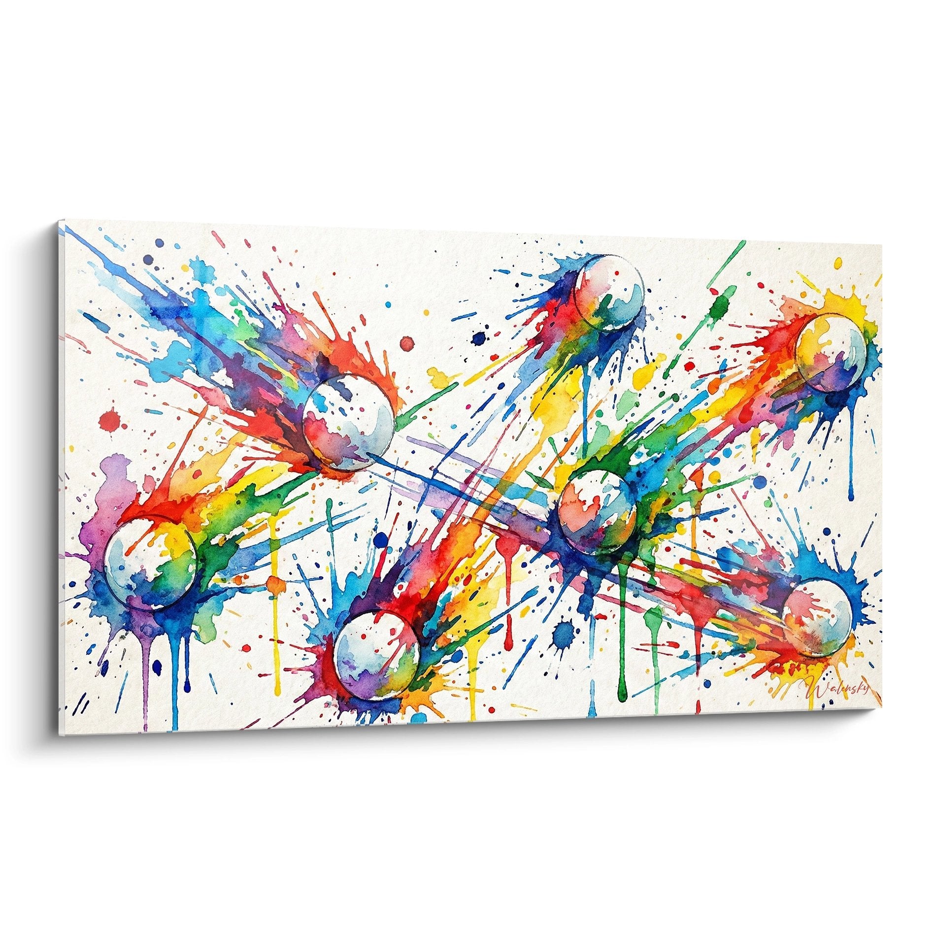 Tableau ping pong abstrait avec balles blanches et explosions multicolores sur toile moderne art mural